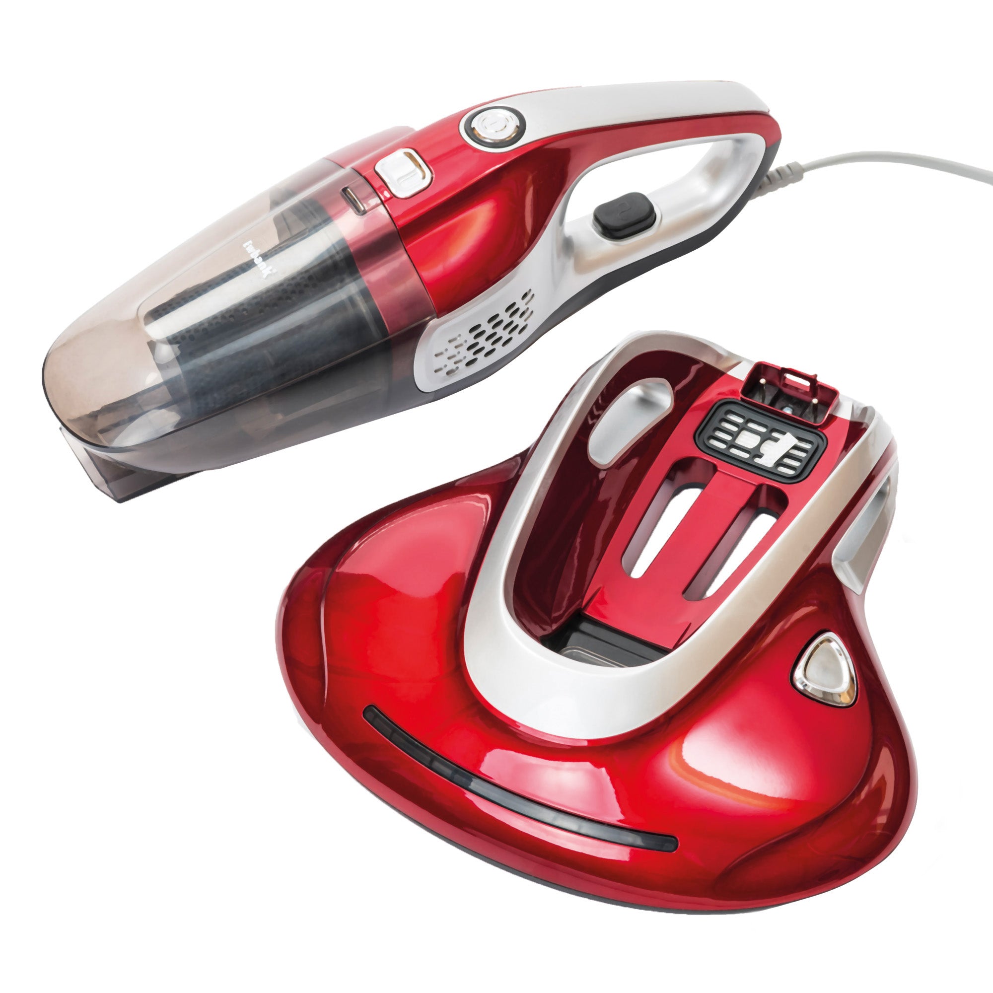 A red and silver Ewbank UV400 handheld vacuum cleaner with a transparent dust compartment and a motor unit displayed in front.