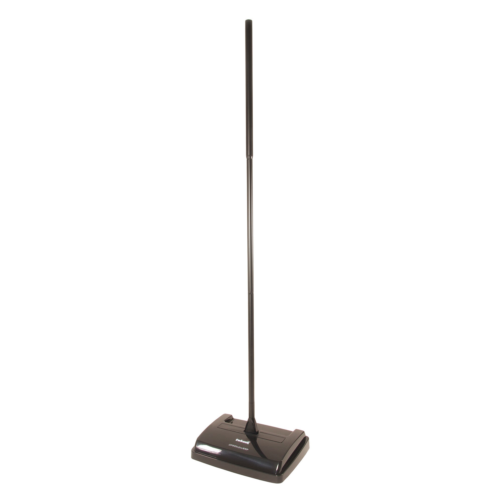 The SPEEDSWEEP Manual Carpet Sweeper by Ewbank, in black, with an adjustable height and compact rectangular design, stands upright against a white background.