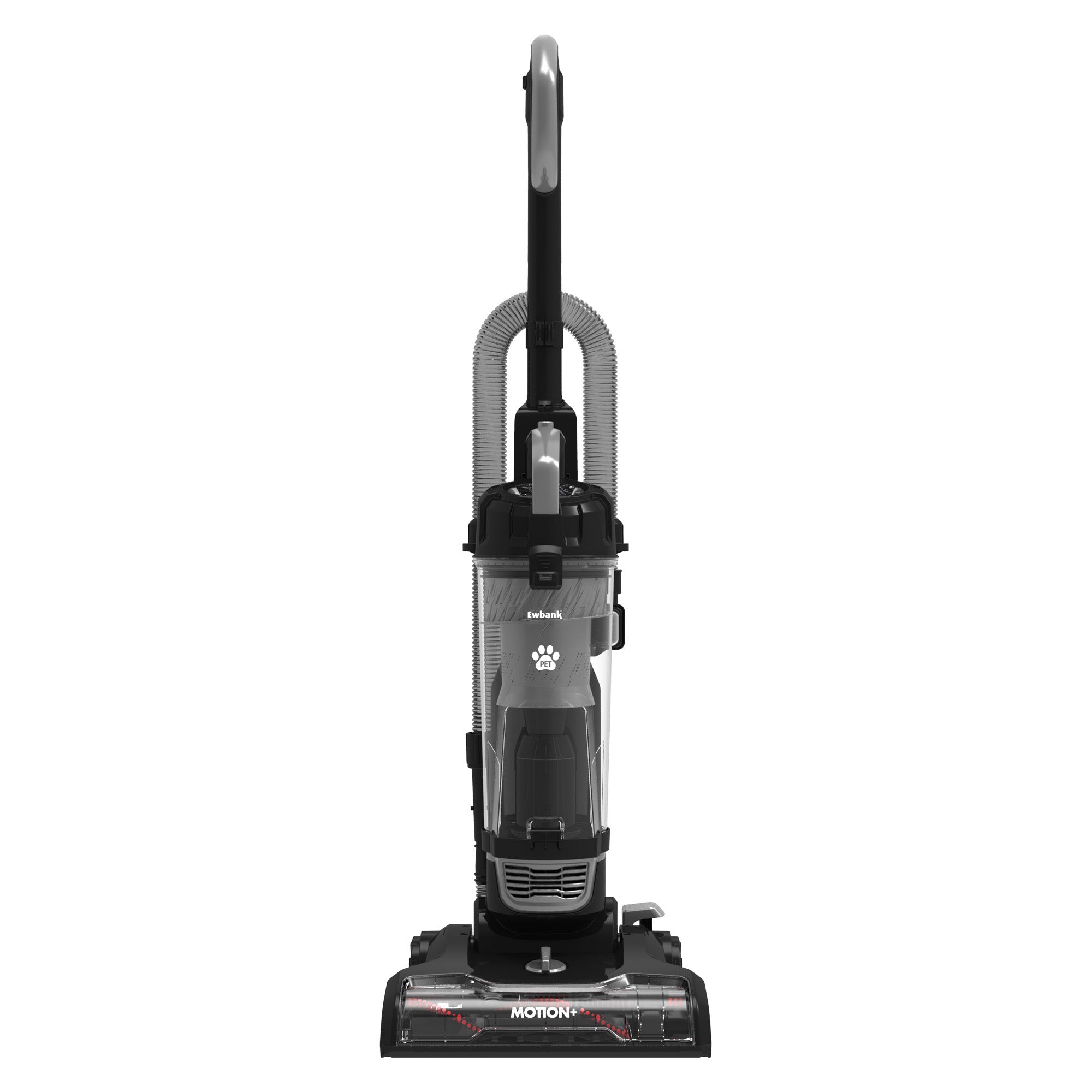 The MOTION+ Reach Pet Upright Bagless Vacuum Cleaner, in black, features multi-cyclone technology, a transparent dust container, and a flexible hose for pet hair removal, shown upright on a white background.