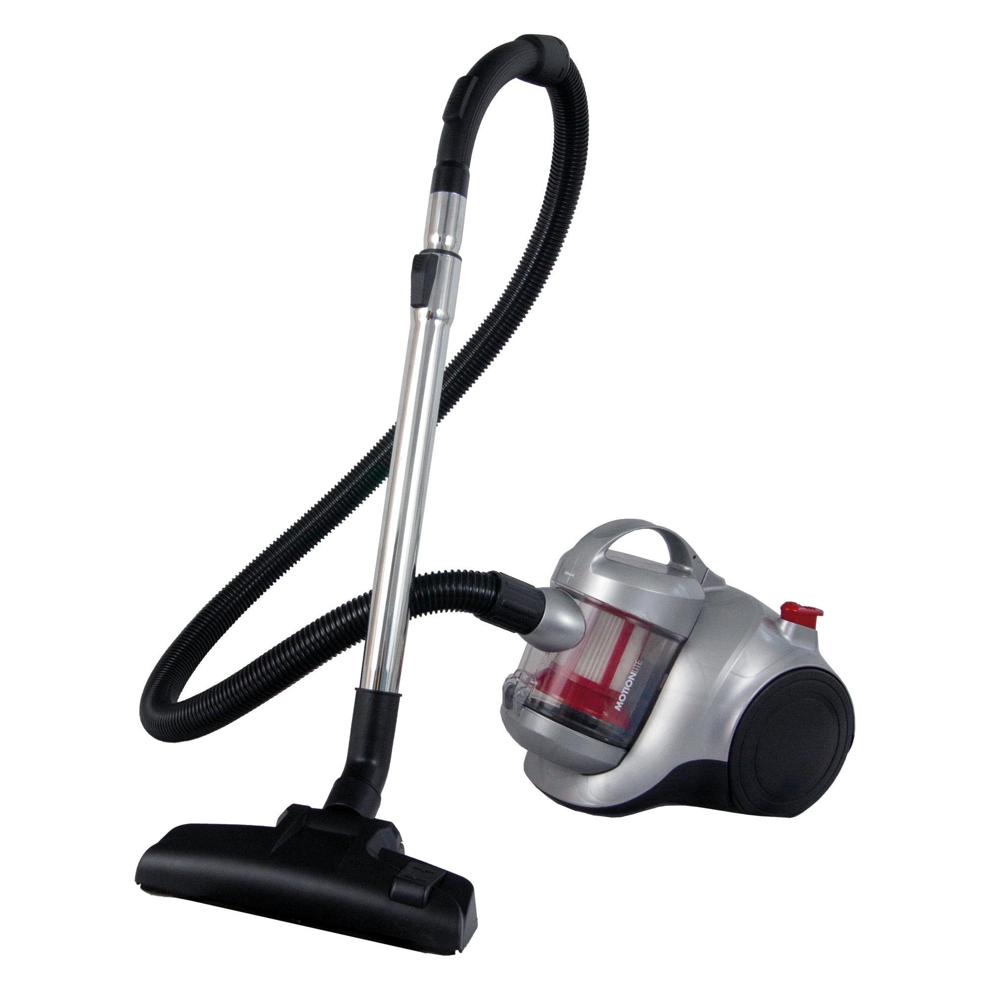 The MOTIONLITE Bagless Cylinder Vacuum Cleaner features a modern silver body, black wheels, transparent dust compartment, and a long black hose with a wide floor nozzle.