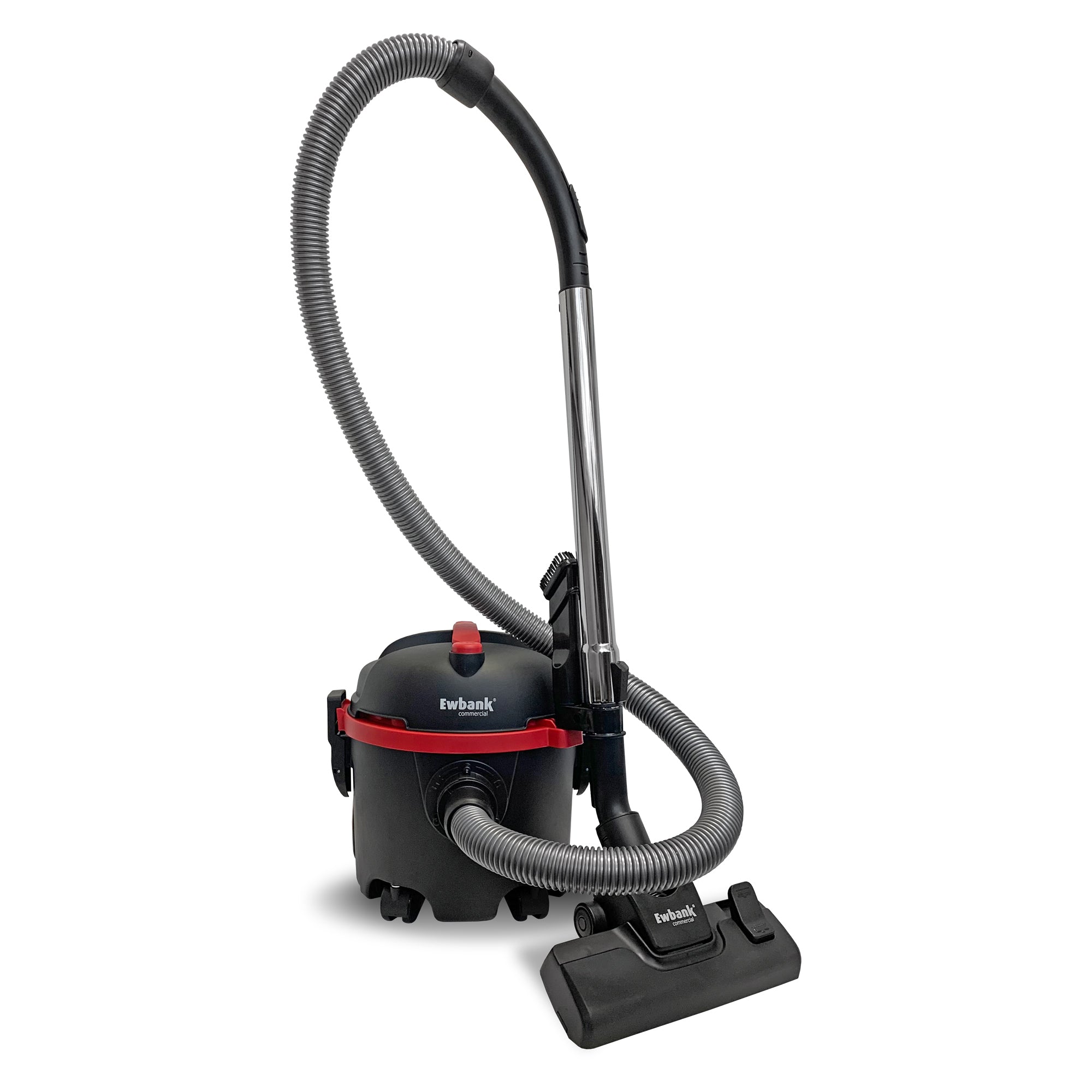 The DV6 Dry Drum Vacuum Cleaner, featuring a large dust container, flexible hose, and high-efficiency floor brush in black and red, stands upright on a white background.