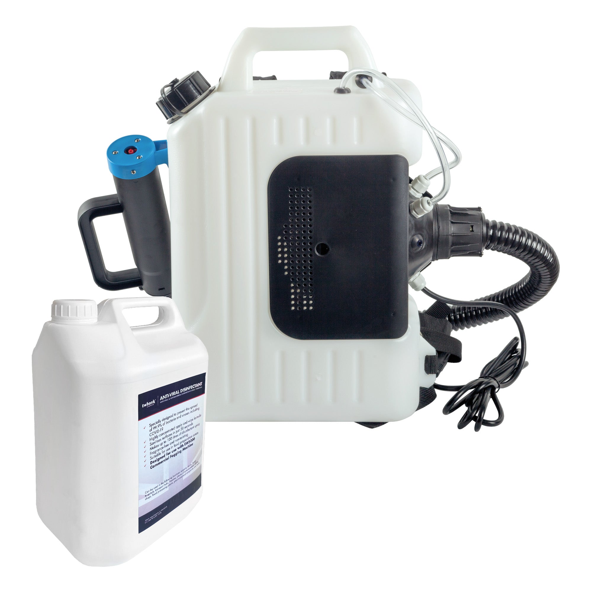 A Disinfecting Backpack Fogger Machine with black hose, blue nozzle and handle is shown beside a 10L Disinfectant Bottle. Both are on a plain white background—ideal for large-scale sanitization or commercial disinfecting use.