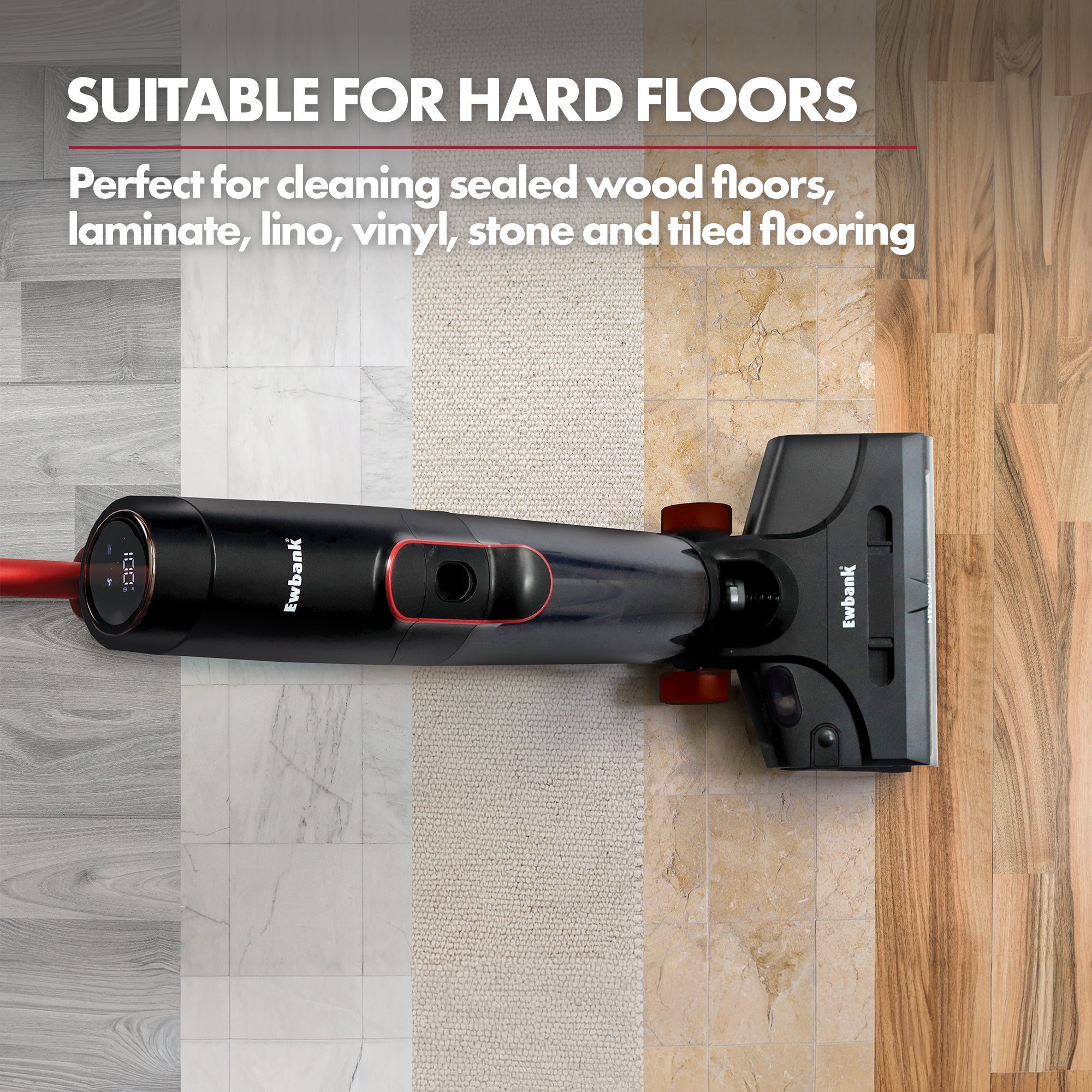 The HYDROH1 Cordless Hard Floor Cleaner, 2-in-1 Wet & Dry Vacuum, is suitable for hard floors and ideal for sealed wood, laminate, lino, vinyl, stone, and tiled surfaces.