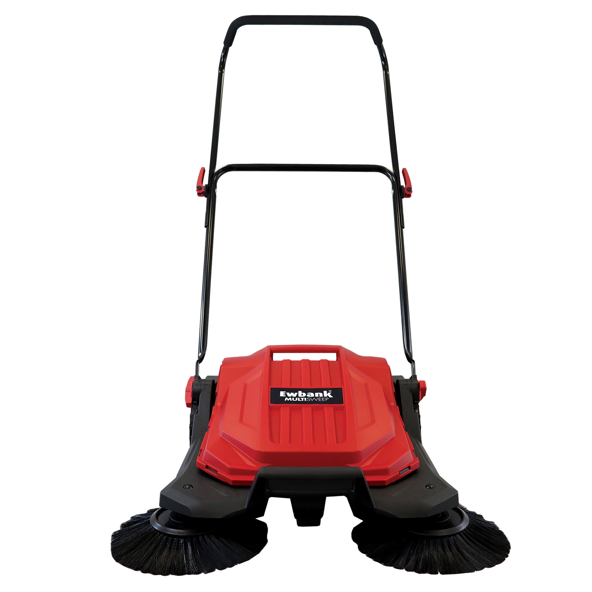 The MULTISWEEP Manual Push Sweeper is a red and black outdoor cleaning tool with two large front rotating brushes, a handlebar for easy use, and the Ewbank brand name displayed on top.