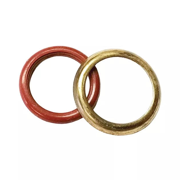 Two metal rings, one red and one gold, overlap on a white background. They resemble the Large O Ring Angle Adapter X2 for SC1000, featuring a simple design with a slightly rustic, worn appearance.