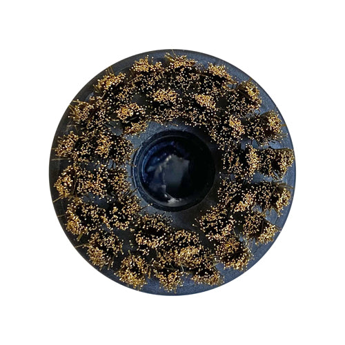 The Large Detail Brush Brass for SC1000 is a round, black brush head with densely packed brass bristles in concentric circles, perfect as a steam cleaner accessory for tough cleaning tasks. Viewed from above on a white background.