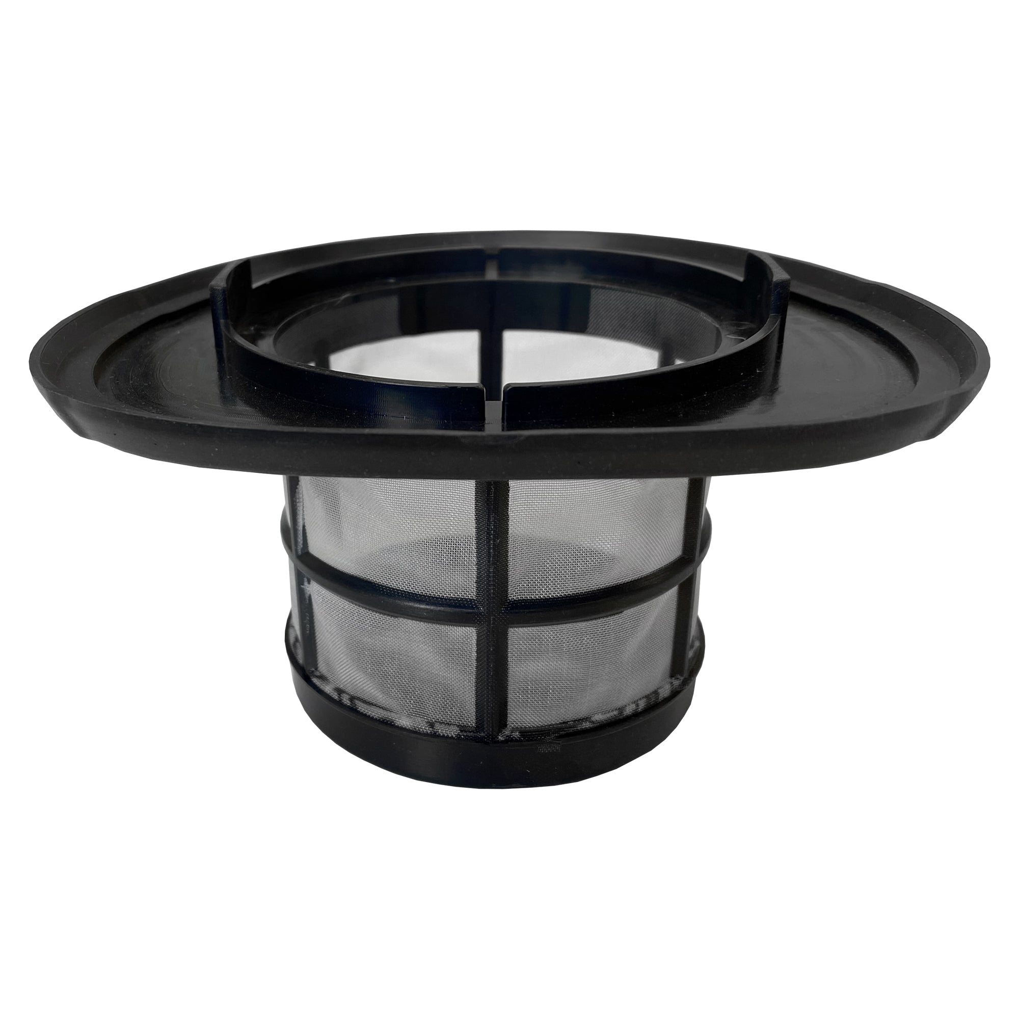 A cylindrical mesh filter with a wide, flat black rim and fine metal screen, designed as the Dust / Waste Chamber for HSVC4 to filter liquids or trap debris.
