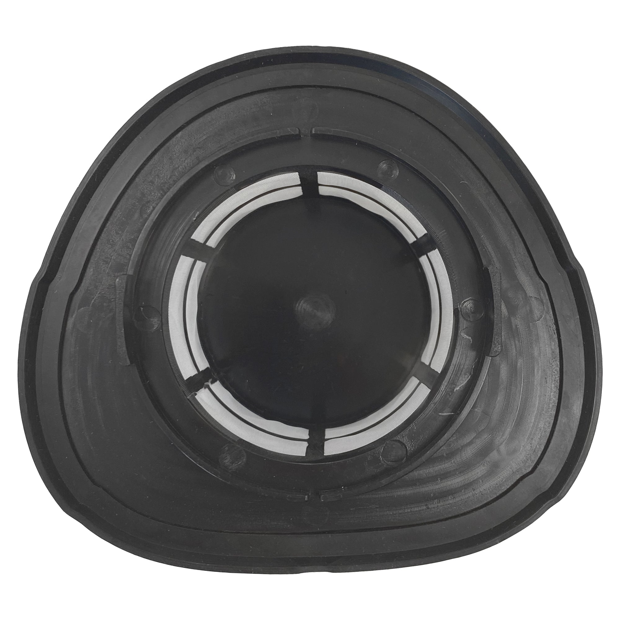 Close-up view of a black rubber respirator mask filter with a circular central valve and white inner seals, resembling the Dust / Waste Chamber for HSVC4, photographed from above against a white background.