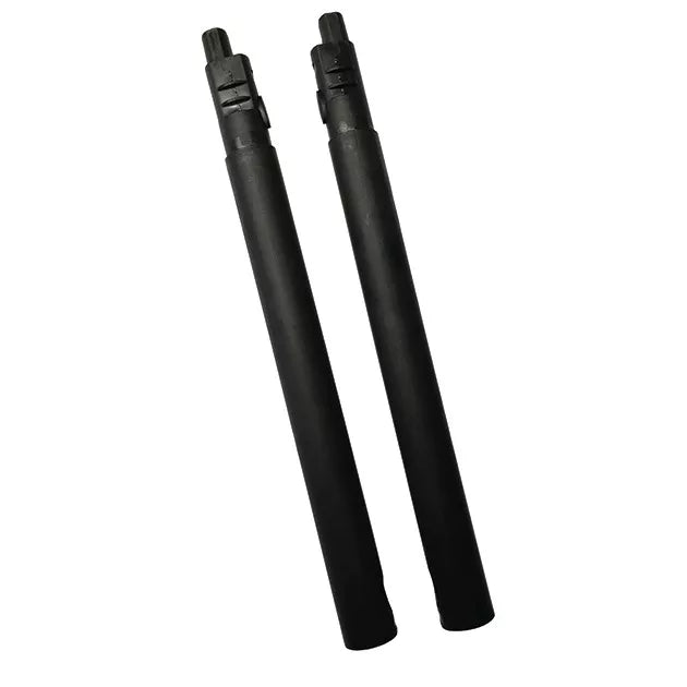 Two identical black cylindrical rods with notched ends stand upright against a white background; these Extension Tubes for SC1000 are ideal for cleaning hard-to-reach areas.