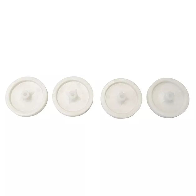 Four white, round plastic discs are arranged in a row on a plain background. These are the Replacement Wheel Set (4 Pieces) for Evo3, designed as replacement wheels for the Evo3 Manual Carpet Sweeper.