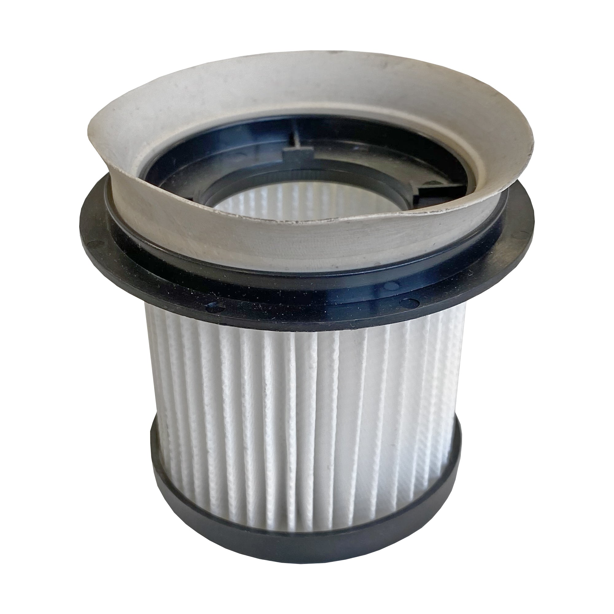 The Inner Pleated Filter and Rubber Seal for HSVC4 is a cylindrical, pleated air filter with black plastic rims and white filter media, designed as a replacement inner filter for the Ewbank Chilli 4 vacuum cleaner.