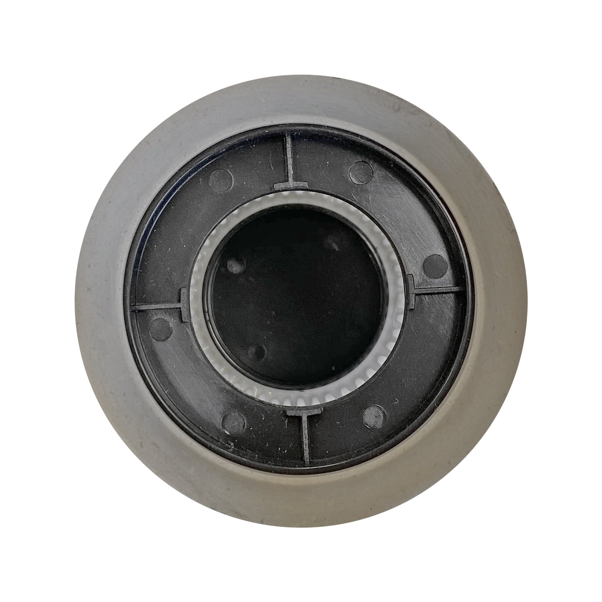 A close-up of the Inner Pleated Filter And Rubber Seal for HSVC4—round with a gray rim and black center—viewed from above on a white background, similar in style to the Ewbank Chilli 4 filter.