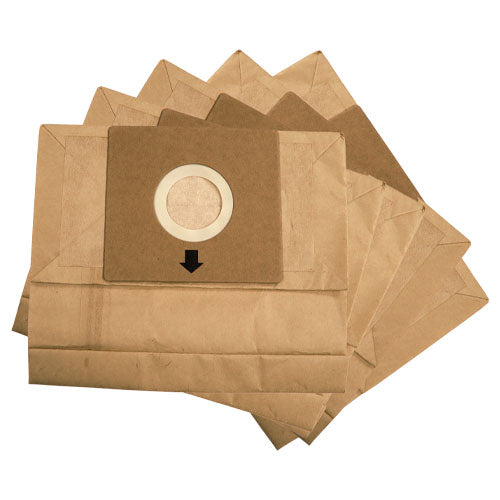 The Pack of 5 Dust Bags For EWVC0215B includes five brown paper bags, each with a circular cardboard collar and a central opening for easy vacuum attachment. Each bag has a 1.5-litre capacity for efficient cleaning.