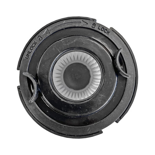 Top view of a round black plastic cap with central white HEPA filter replacement, showing LOCK/UNLOCK arrows—compatible Hepa Filter for EW3021 & EW3032 vacuum filter systems.