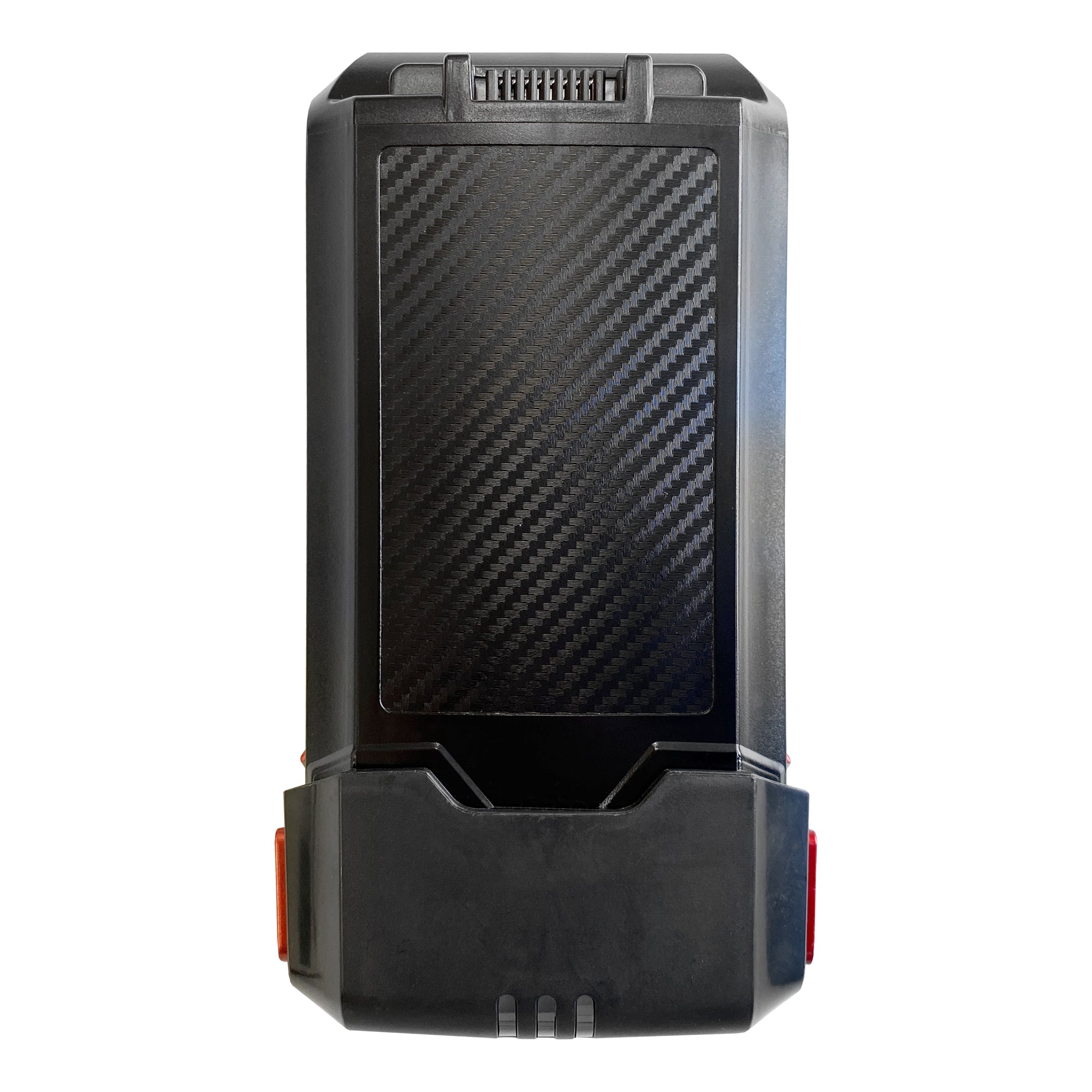A black rectangular Replacement Battery for EW3040 AIRSTORM1 with a carbon fiber texture, red side accents, and vent details is shown against a white background.