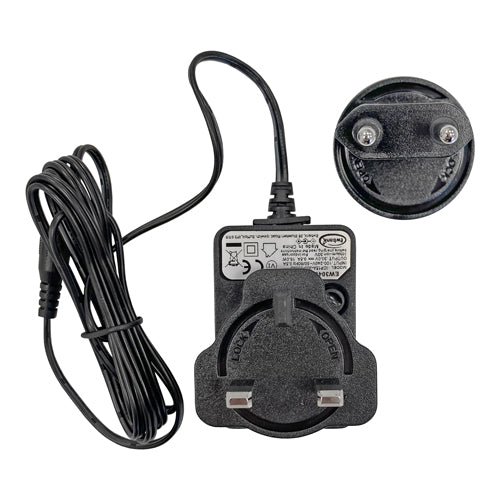 A black Mains Charging Adapter for AIRSTORM1 with attached cable, removable plug, round rotatable socket, and front-labeled instructions. Compatible as a replacement mains charger for the AIRSTORM 2-in-1 Cordless Stick Vacuum Cleaner EW3040.