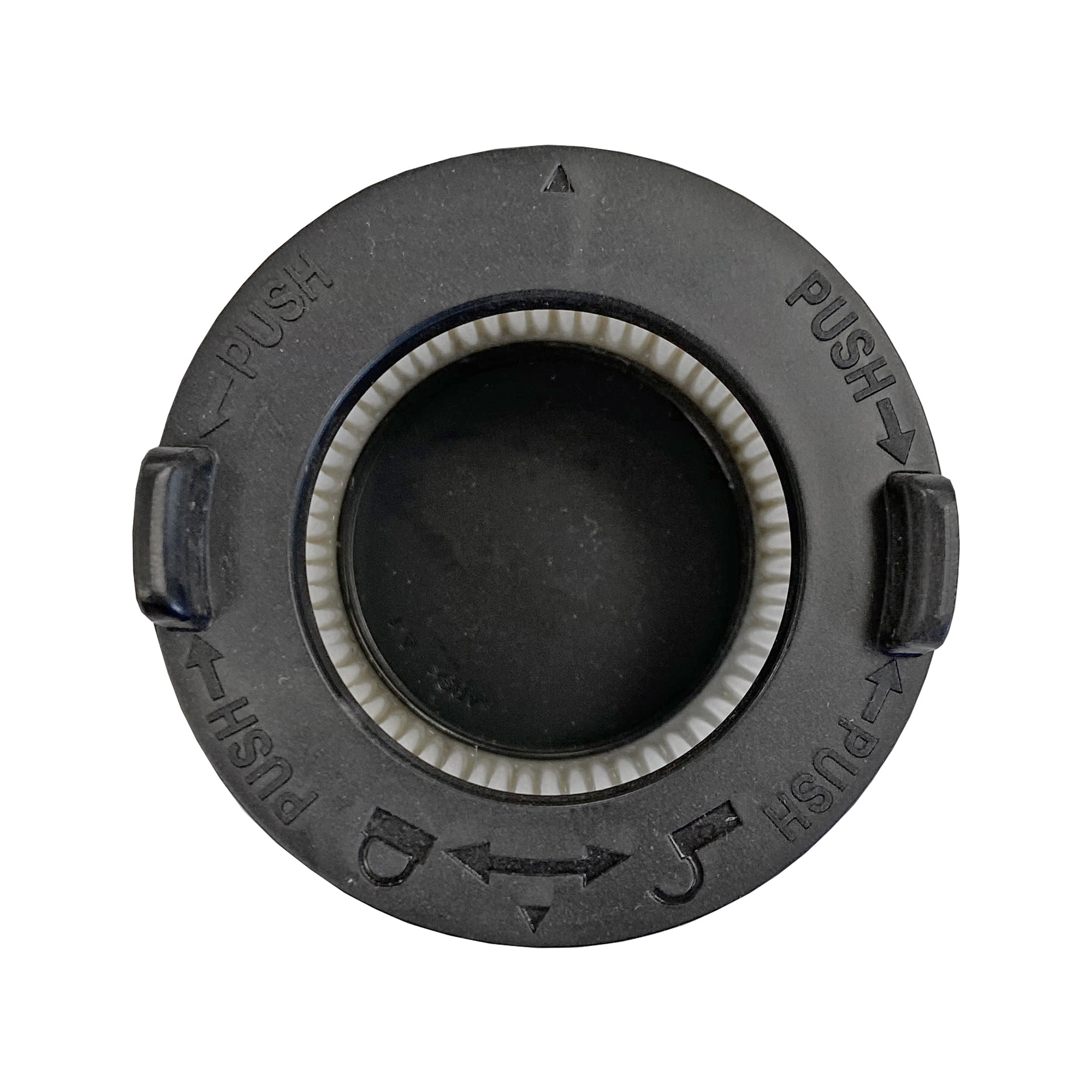 A black plastic cap with textured inner ring, labeled PUSH on three sides, features left/right arrows and cup and musical note icons; designed as a replacement Hepa Outlet Filter for AIRSTORM1 cordless stick vacuum cleaners.