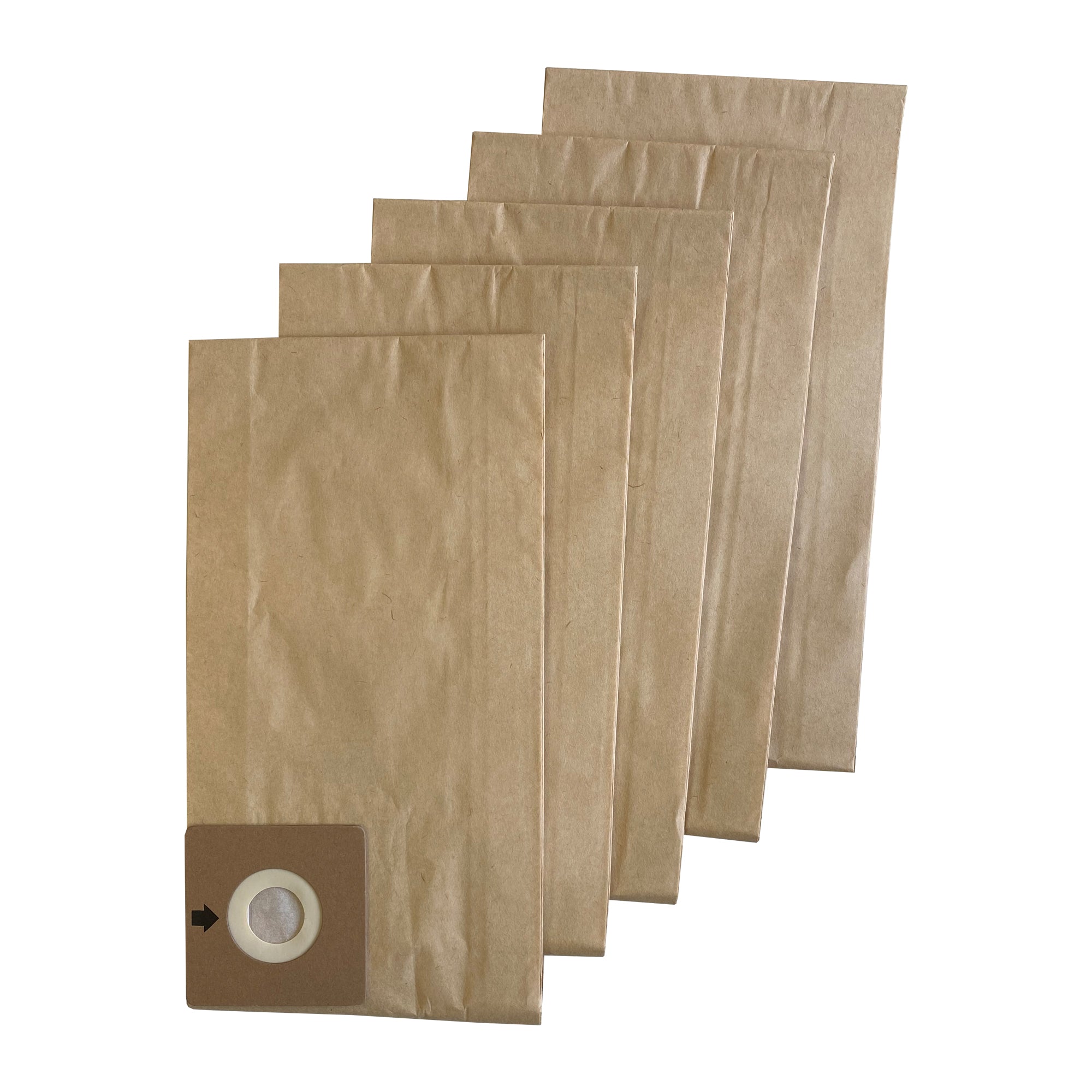 Five brown paper dust bags are fanned out, with one bag in front featuring a circular white filter and a black arrow on a cardboard attachment—essential vacuum cleaner accessories for your EW4001 (Pack of 5 Dust Bags).