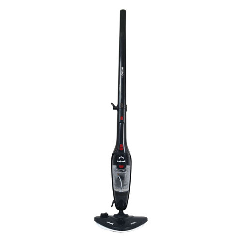 The Ewbank HYDROS1 5-In-1 Steam Mop in black, with adjustable steam levels, a slim handle, and triangular base, is shown standing upright on a white background.