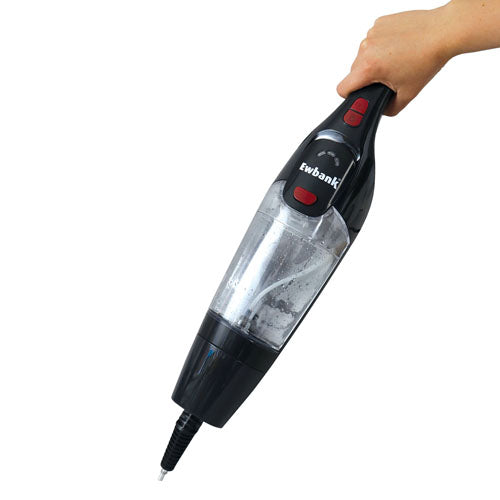 A hand holds the Ewbank HYDROS1 5-In-1 Steam Mop in black, showing its compact design and controls. Water is visible inside, highlighting its use on hard floors or paired with a handheld steamer for adjustable steam levels.