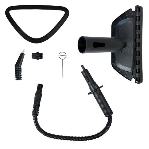 Ewbank HYDROS1 5-In-1 Steam Mop, Black: attachment kit includes a triangular nozzle, rectangular brush, extension wands, cleaning pin, and flexible hose—ideal for hard floors or adjustable steam mopping—displayed on a white background.
