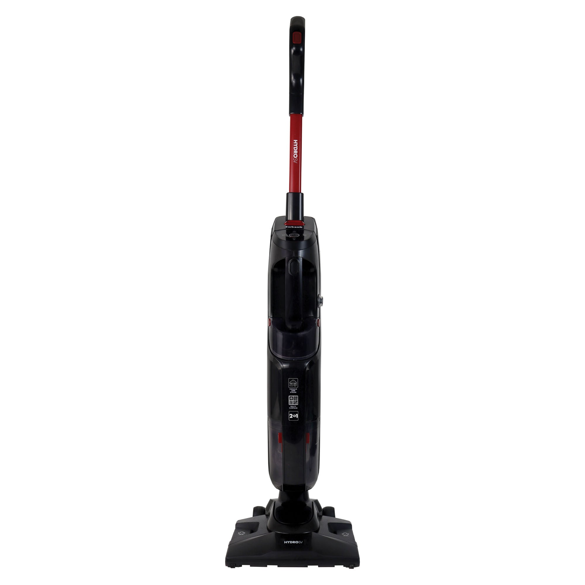 The Ewbank HYDROSV 2-In-1 Steam Vacuum Cleaner in black is shown upright from the front, featuring a red handle, against a white background.