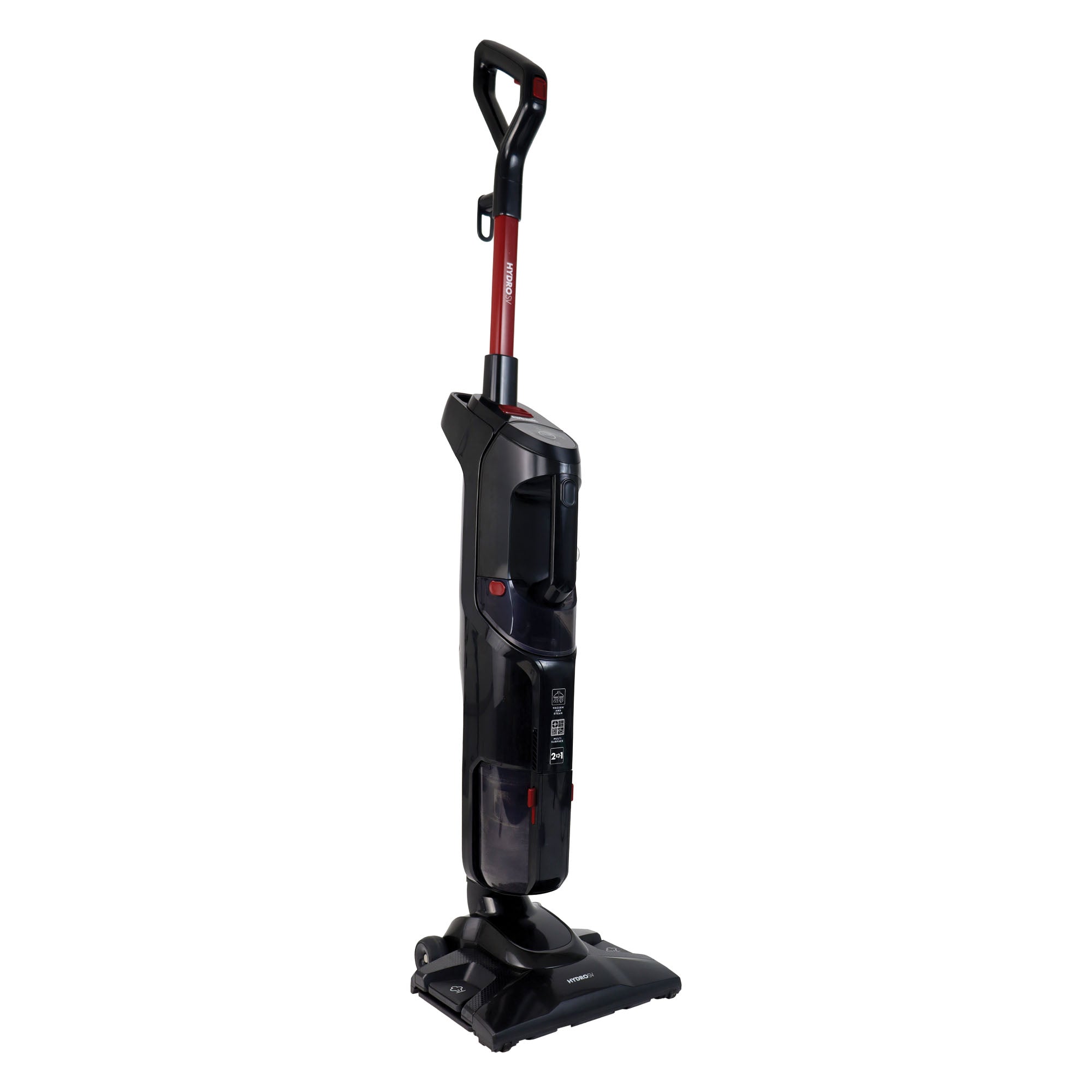 The Ewbank HYDROSV 2-In-1 Steam Vacuum Cleaner, Black, stands on a white background with a top handle and a wide cleaning base.