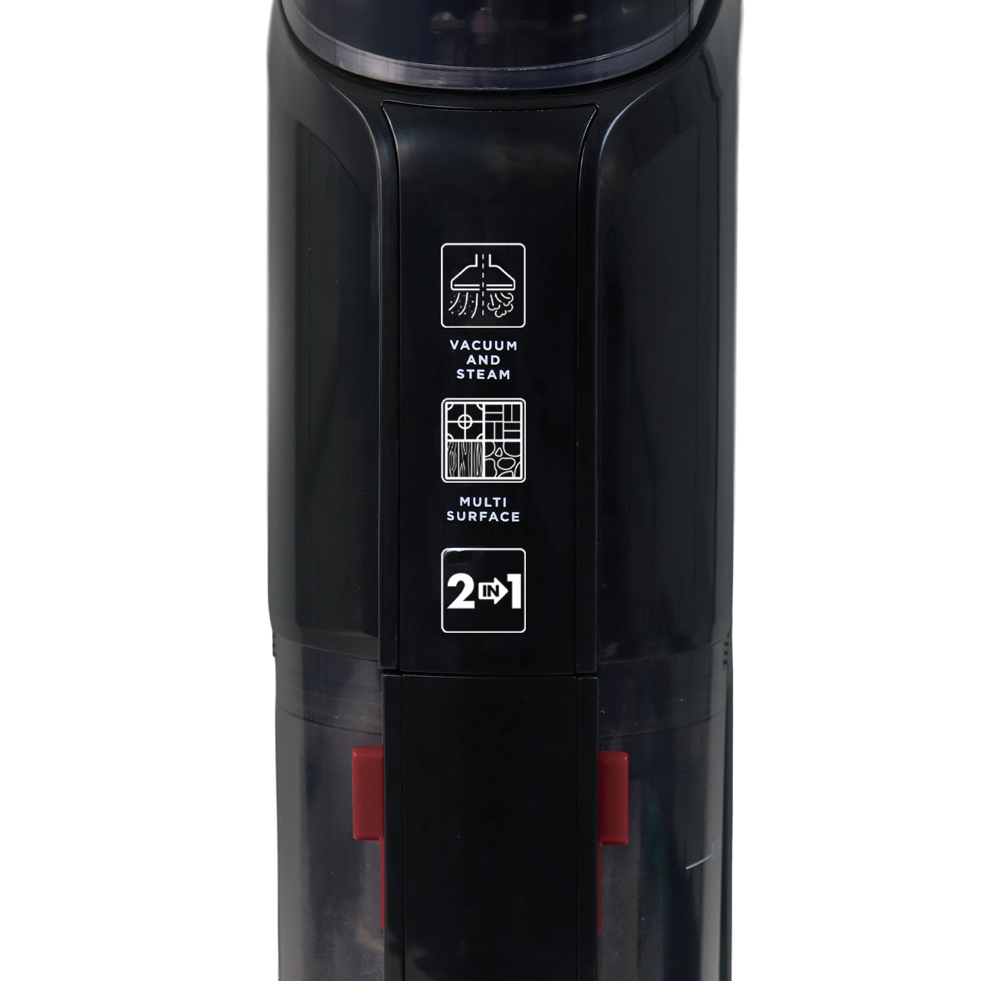Close-up of the Ewbank HYDROSV 2-In-1 Steam Vacuum Cleaner in black, showing icons and text: "Vacuum and Steam", "Multi Surface", "2 in 1", highlighting its dual steam cleaner and cyclonic vacuum functions.