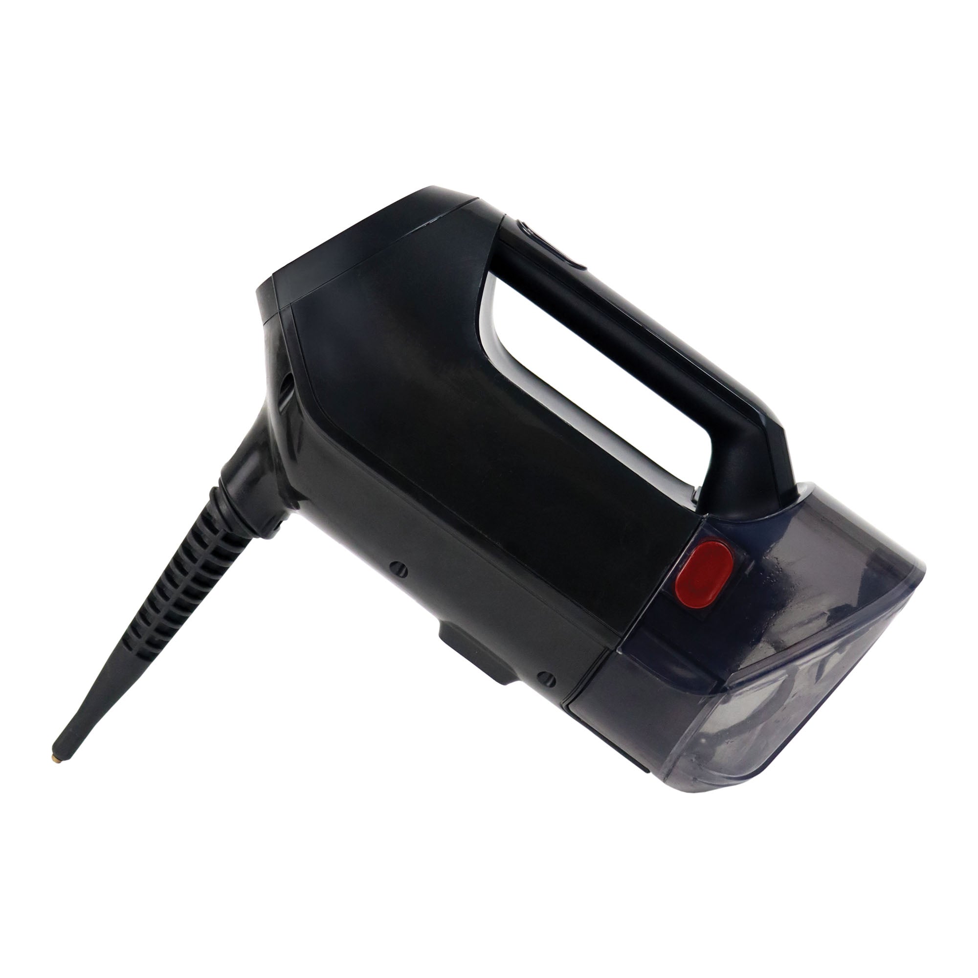 The Ewbank HYDROSV 2-In-1 Steam Vacuum Cleaner in black features a handheld cyclonic design with a narrow nozzle and red button, shown against a white background.
