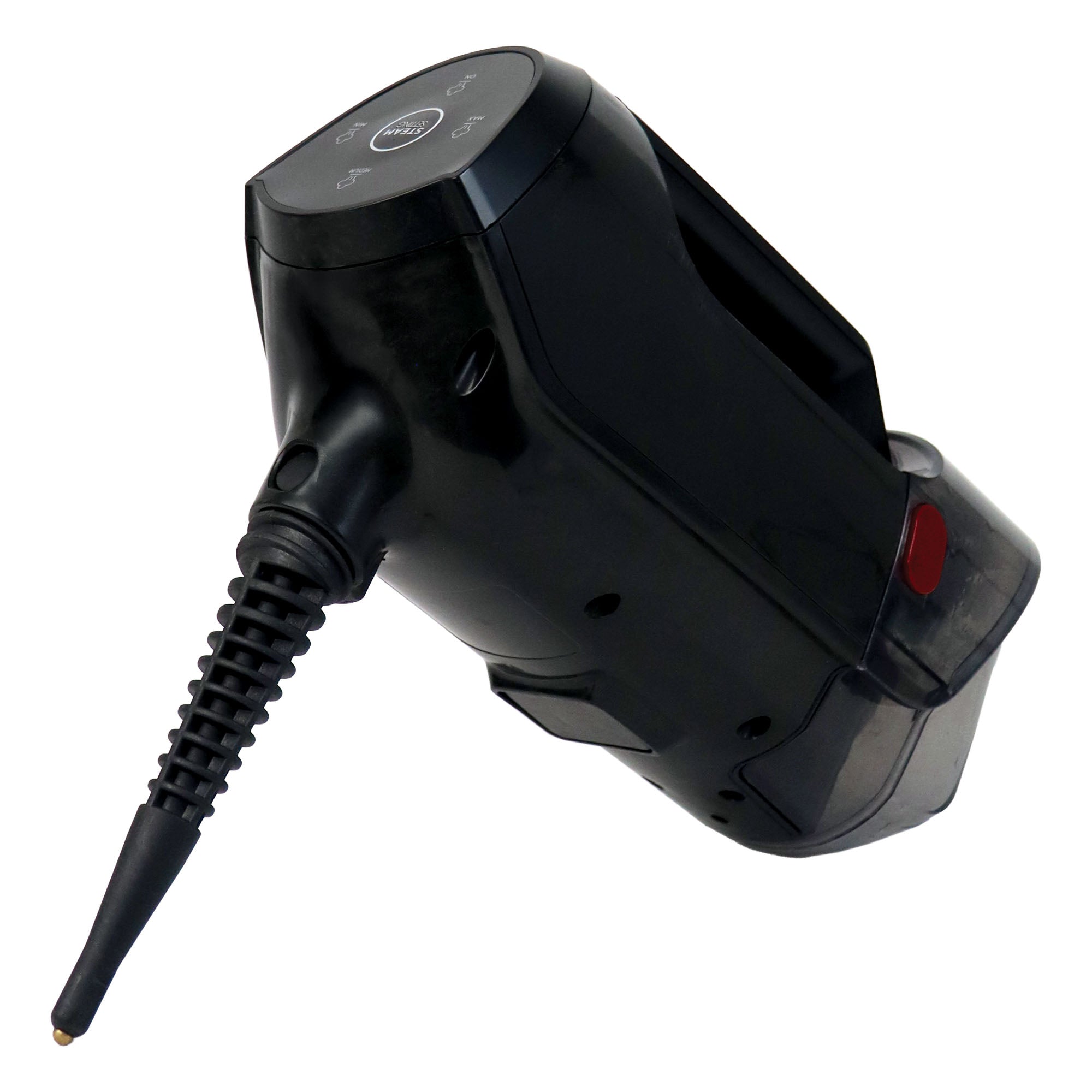The Ewbank HYDROSV 2-In-1 Steam Vacuum Cleaner, Black, features a sleek handheld design with a long nozzle and top control buttons, making it ideal for cleaning electronics or tight spaces efficiently.