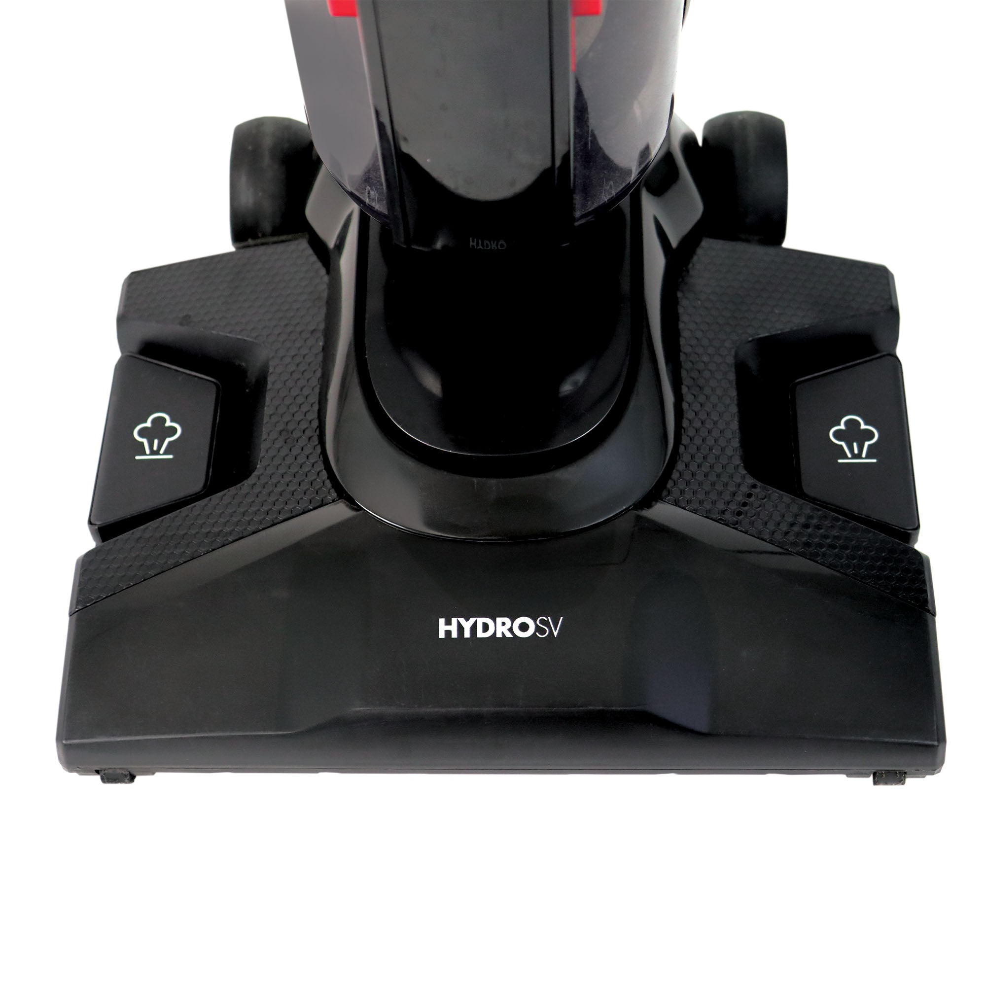 Close-up of the base of a black Ewbank HYDROSV 2-In-1 Steam Vacuum Cleaner, showing two buttons with white icons on each side, against a plain white background.