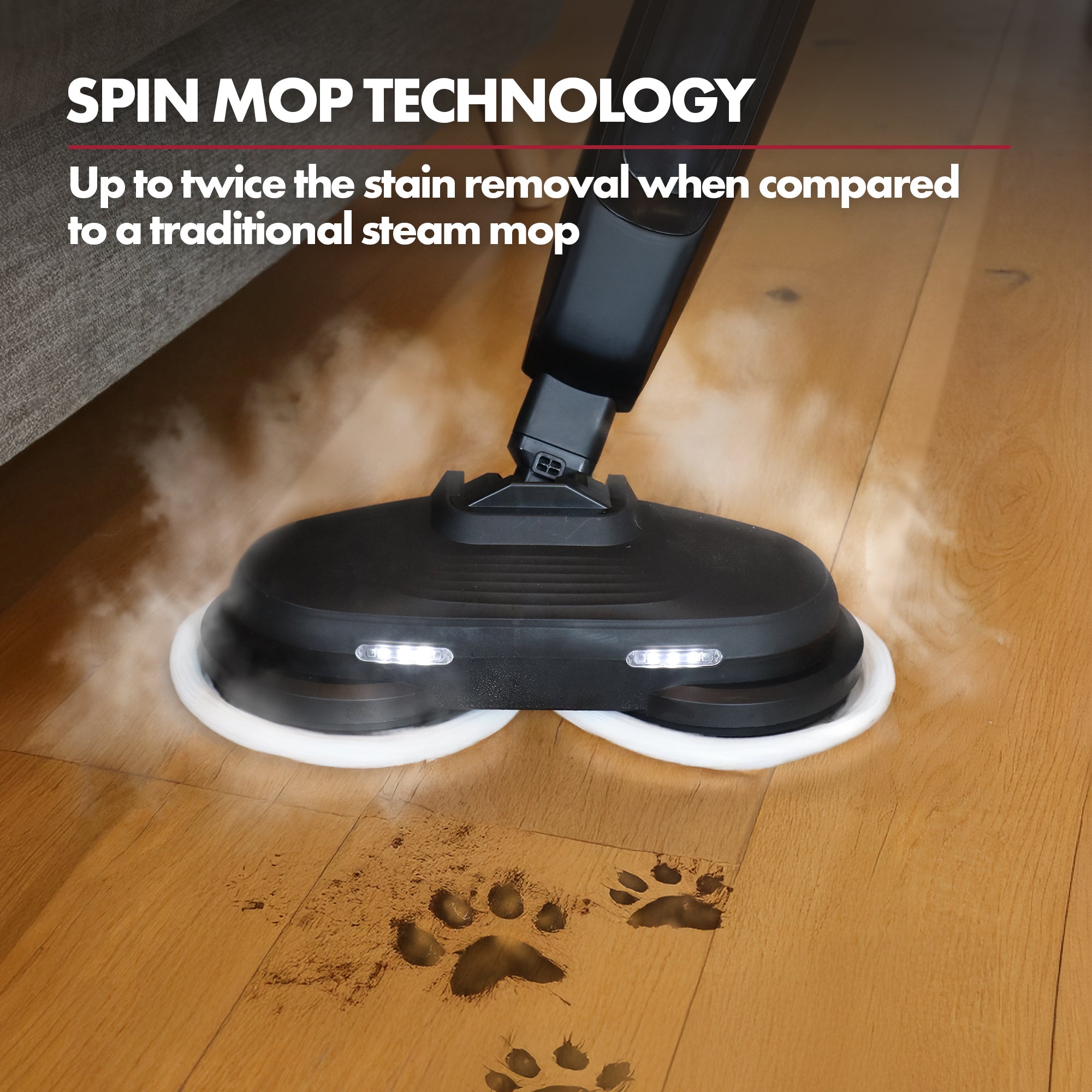 The Ewbank EWST04079 HYDROS2 Steam and Spin Mop uses 220RPM rotating pads and 24g/min steam output to remove muddy paw prints from wooden floors, offering better stain removal than standard steam mops with advanced spin mop technology.