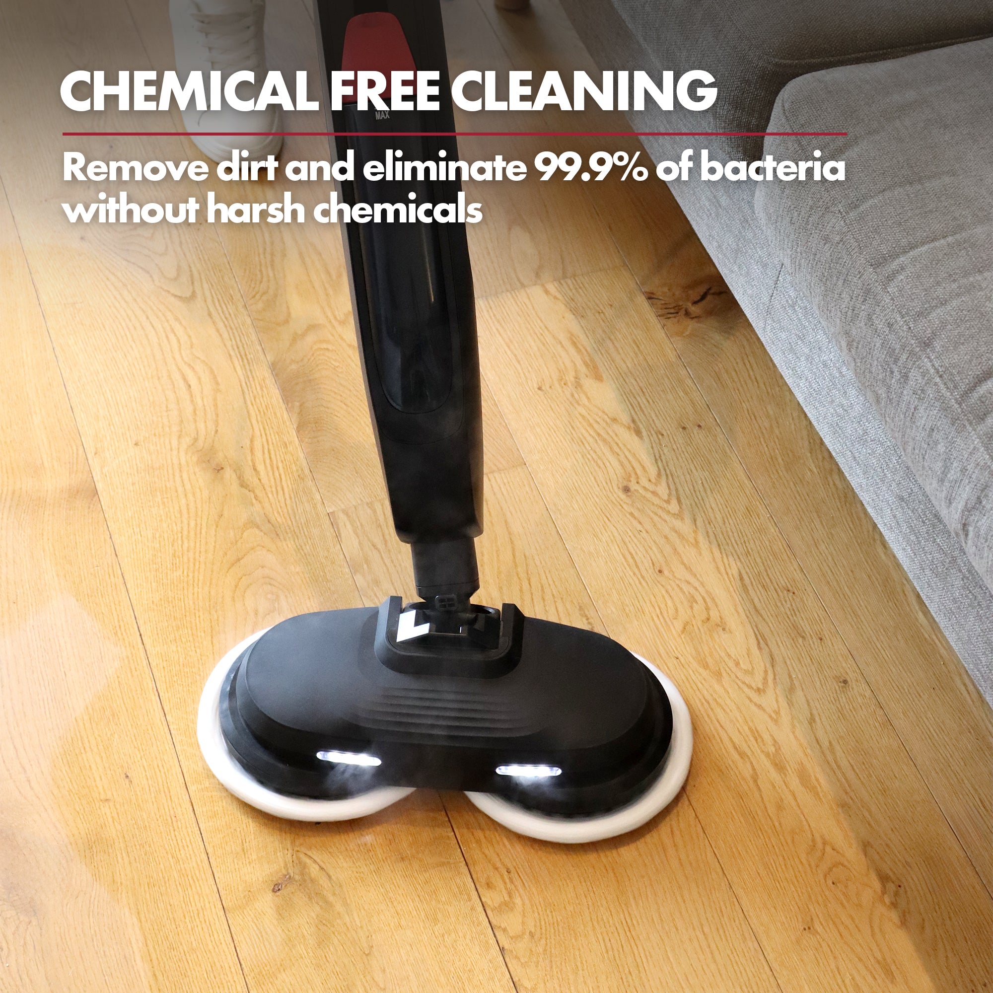The Ewbank EWST04079 HYDROS2 Steam and Spin Mop cleans hard floors, removing dirt and 99.9% of bacteria using powerful 1500W steam—no harsh chemicals needed. Features include 220RPM pads, LED lights, and an 8m cord for easy use.