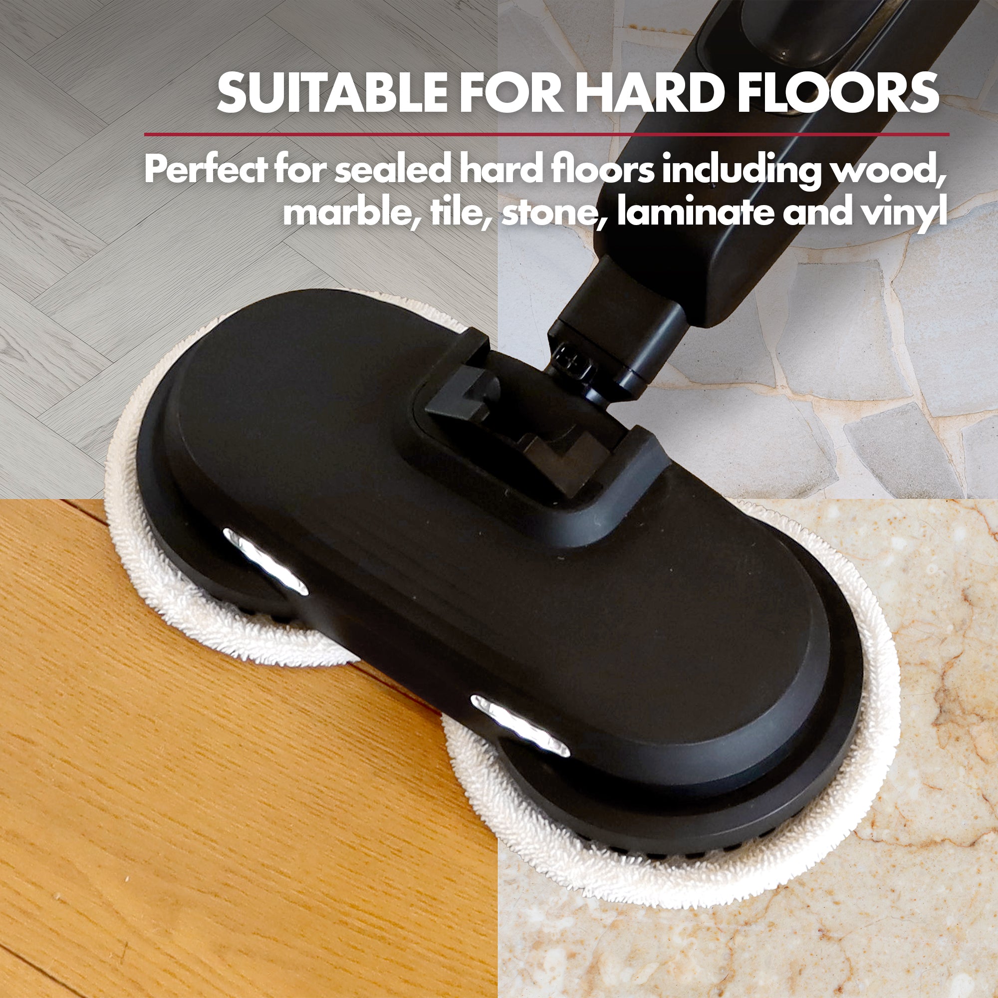 The Ewbank EWST04079 HYDROS2 Steam and Spin Mop with 1500W power, 220RPM pads, and 24g/min steam cleans wood, marble, tile, and laminate floors—ideal for hard floor cleaning on various surfaces.