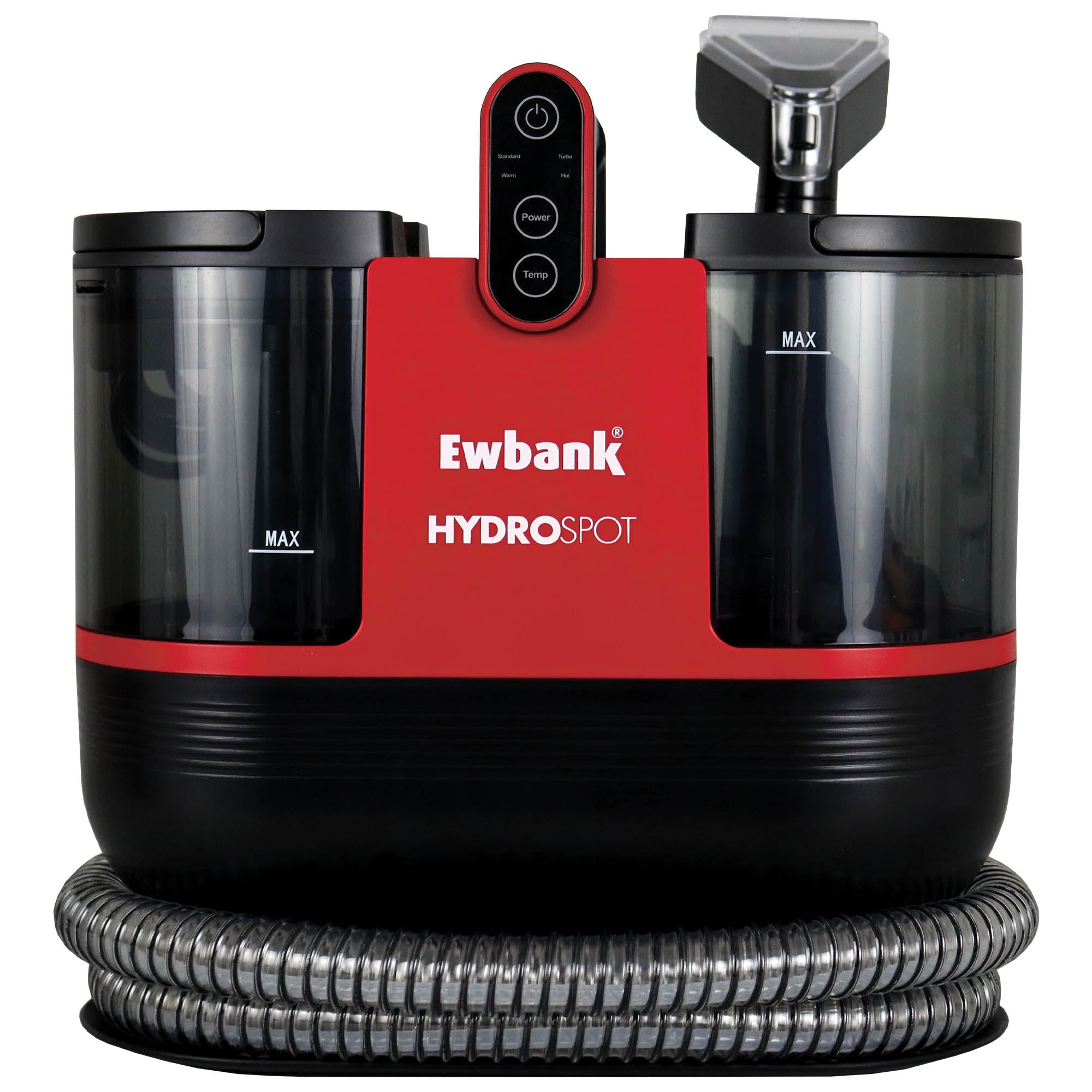 The HYDROSPOT Compact Spot Cleaner features two clear MAX-marked tanks, a central control panel, and a coiled hose—ideal for spot-treating upholstery. Its sleek red and black design adds style to powerful cleaning.