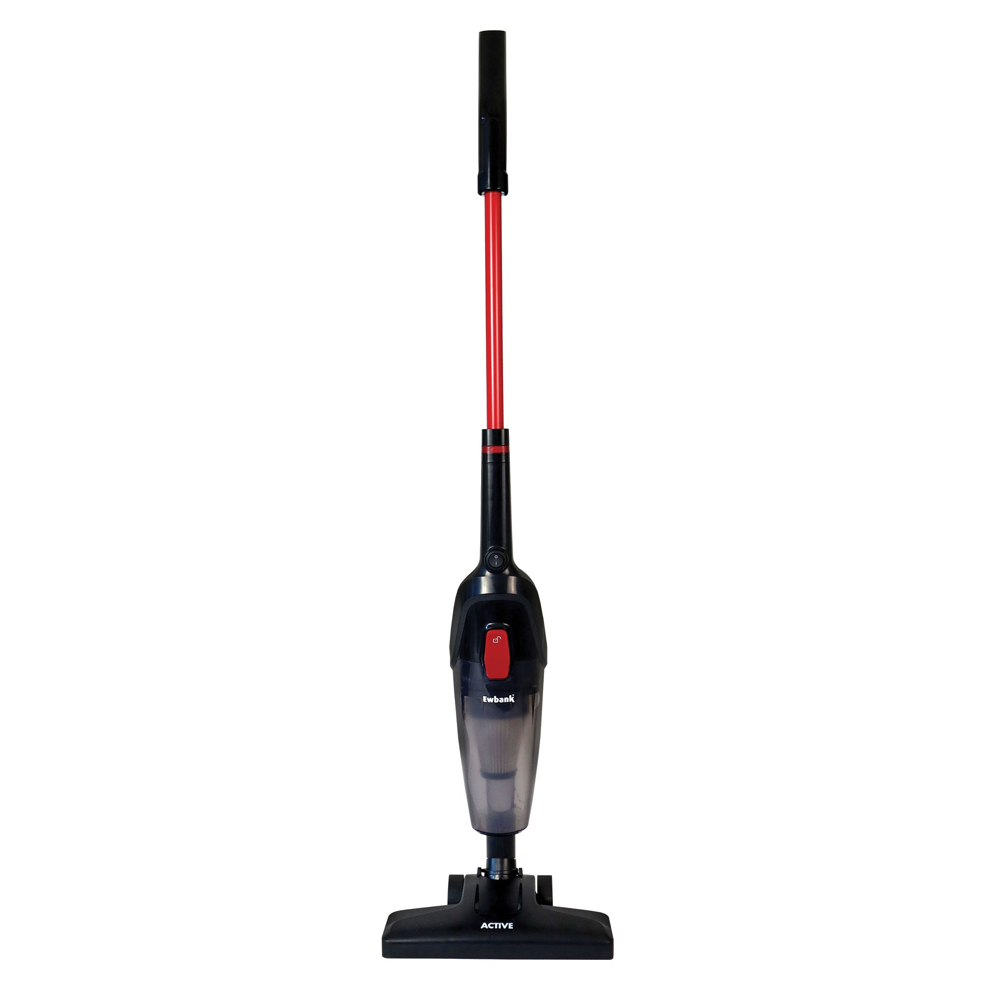 The ACTIVE 2-in-1 Corded Stick Vacuum Cleaner in red and black features a transparent dust container and a washable filter, shown against a white background.