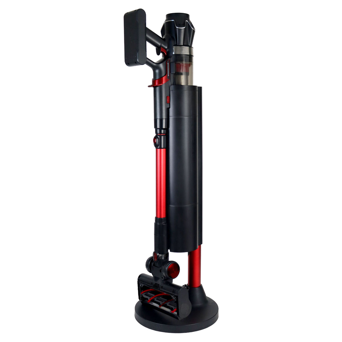 The AIRSTORM AUTO Empty Cordless Stick Vacuum Cleaner, featuring a striking red and black design, stands upright on its charging base and offers convenient handheld cleaning for easily reaching hard-to-access areas.