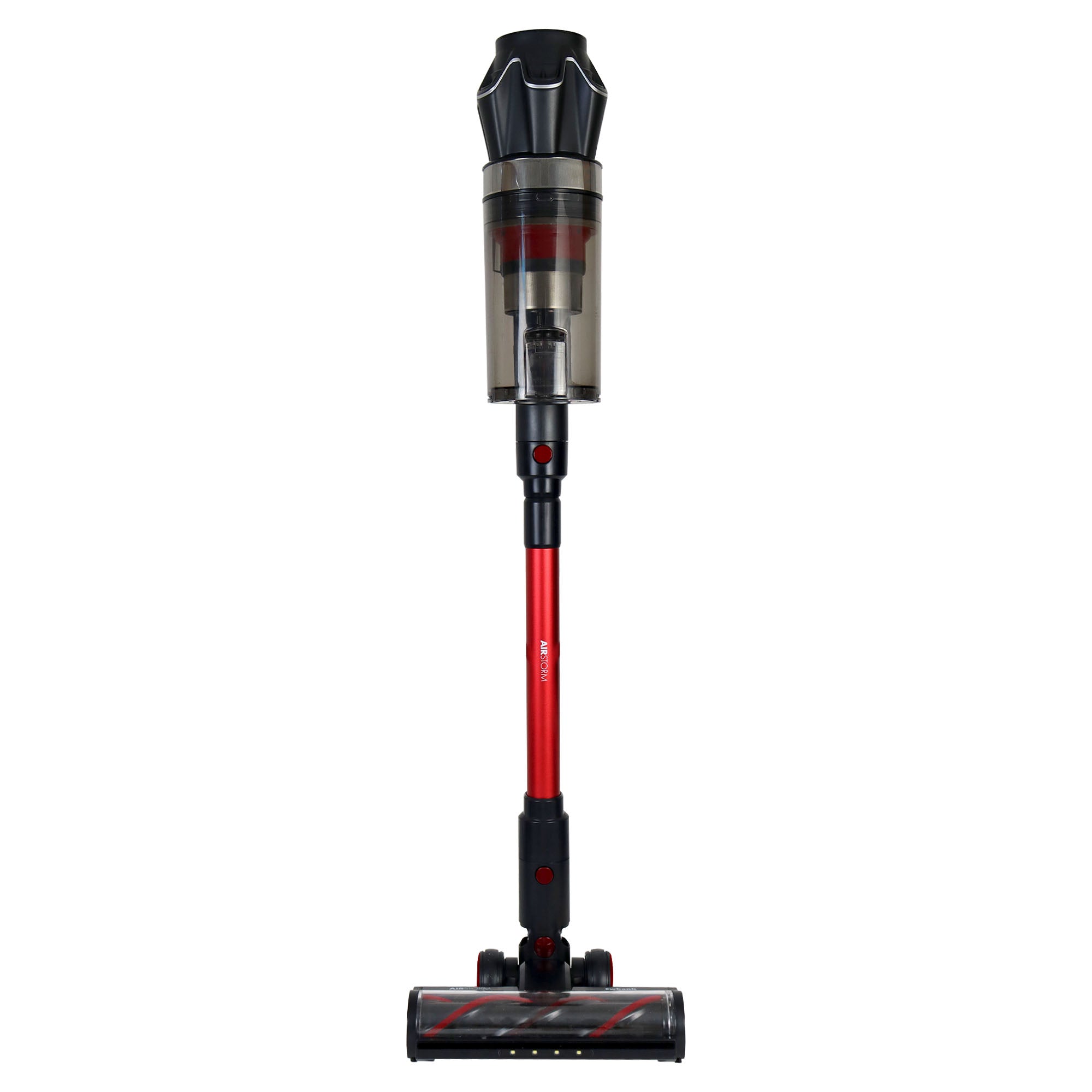 The AIRSTORM AUTO Empty Cordless Stick Vacuum Cleaner, shown upright from the front in a red and black design on a white background, offers convenient handheld cleaning for versatile use throughout your home.
