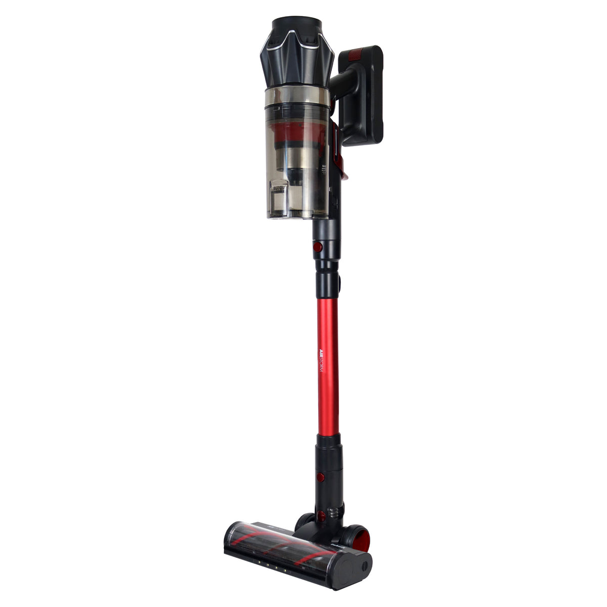 The AIRSTORM AUTO Empty Cordless Stick Vacuum Cleaner features a sleek black and red design with a transparent dustbin and motorized brush head, standing upright. Designed for handheld cleaning, it provides versatile performance across multiple surfaces.