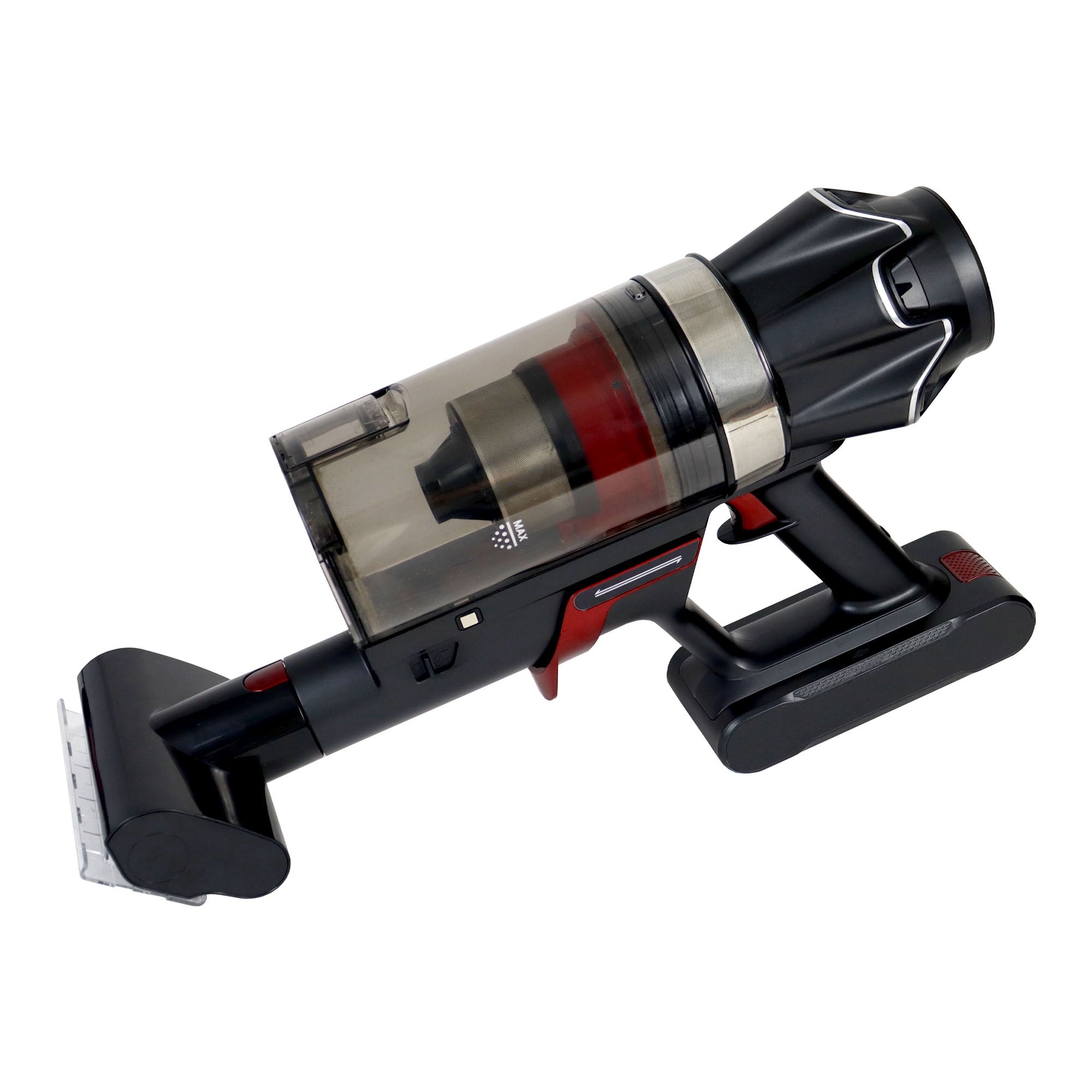 The AIRSTORM AUTO Empty Cordless Stick Vacuum Cleaner is a black handheld vacuum featuring a transparent dust container, red accents, and a flat cleaning head for convenient handheld use, displayed on a white background.