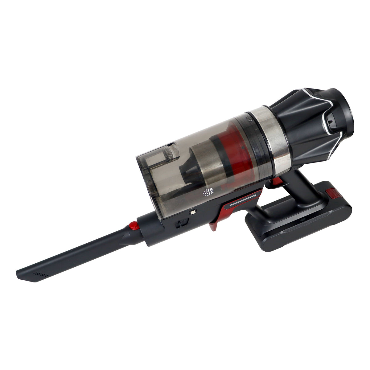 The AIRSTORM AUTO Empty Cordless Stick Vacuum Cleaner features a transparent dust container, sleek black and red accents, and a long, narrow nozzle attachment—making it perfect for handheld cleaning throughout your home or car.