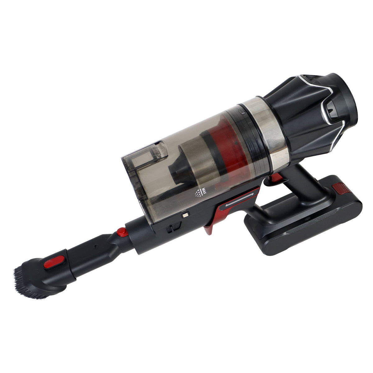 The AIRSTORM AUTO Empty Cordless Stick Vacuum Cleaner is a cordless handheld vacuum designed for effortless cleaning, featuring a transparent dust container, stylish black and red accents, and a detachable brush head. It is also compatible with an auto-emptying dock for added convenience.