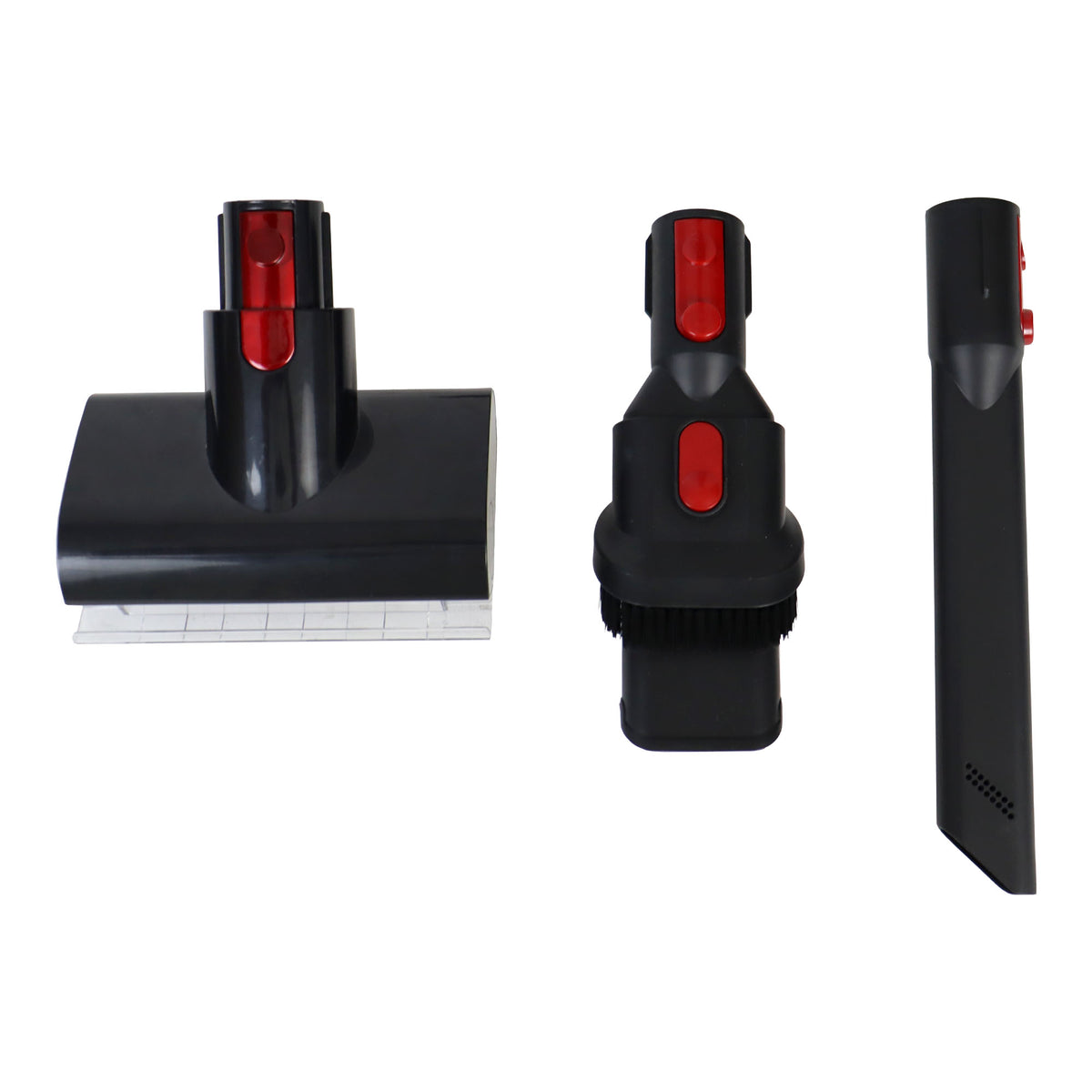Three black attachments for the AIRSTORM AUTO Empty Cordless Stick Vacuum Cleaner—featuring red buttons—a wide brush head, a smaller bristled brush, and a narrow crevice tool, are displayed side by side on a white background, ideal for handheld cleaning or use with the auto-emptying dock system.