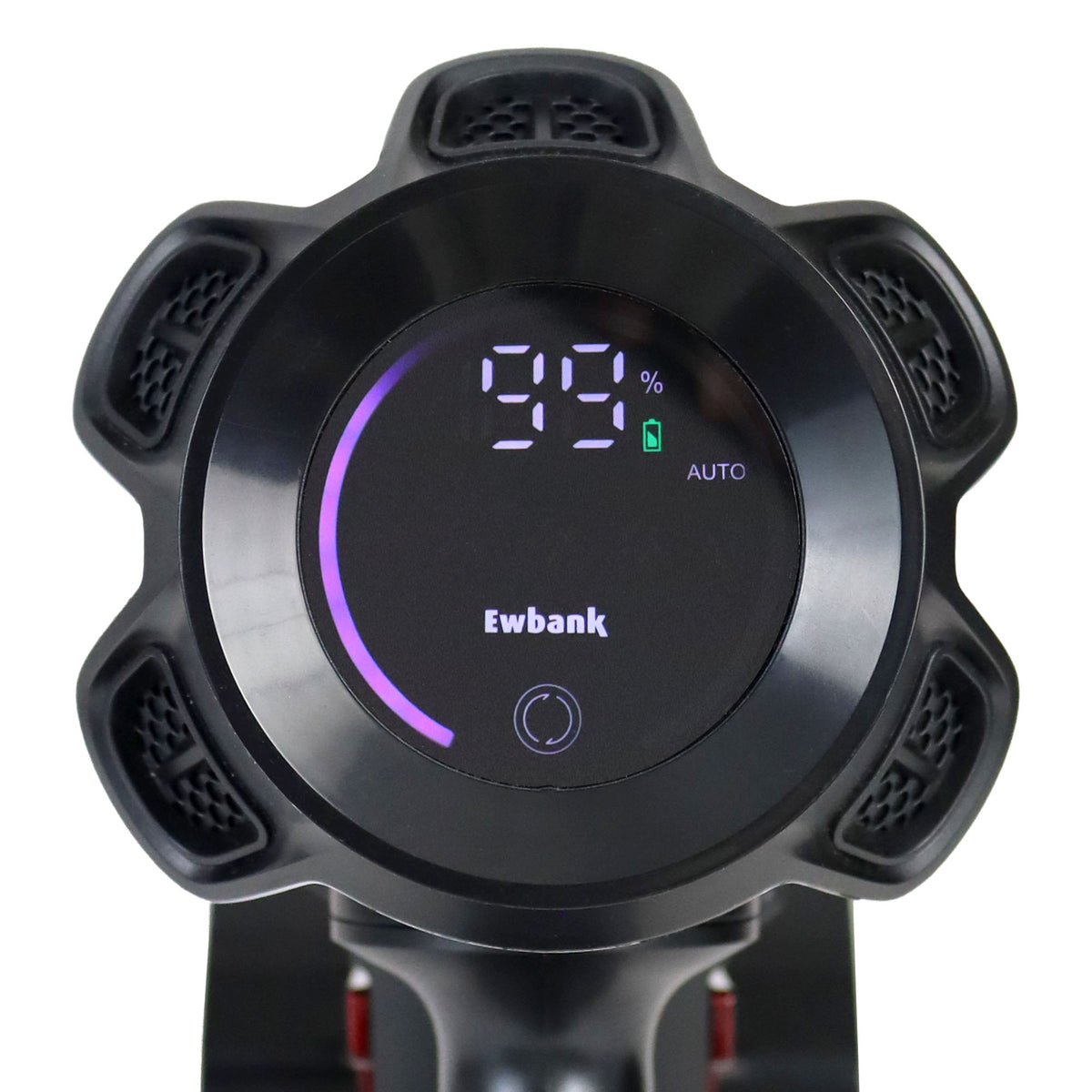 Close-up of a digital display on a black AIRSTORM AUTO Empty Cordless Stick Vacuum Cleaner, showing 99% battery, a purple progress bar, and AUTO mode indicator. The circular display features a power button at the bottom, highlighting the advanced design ideal for use with its auto-emptying dock.