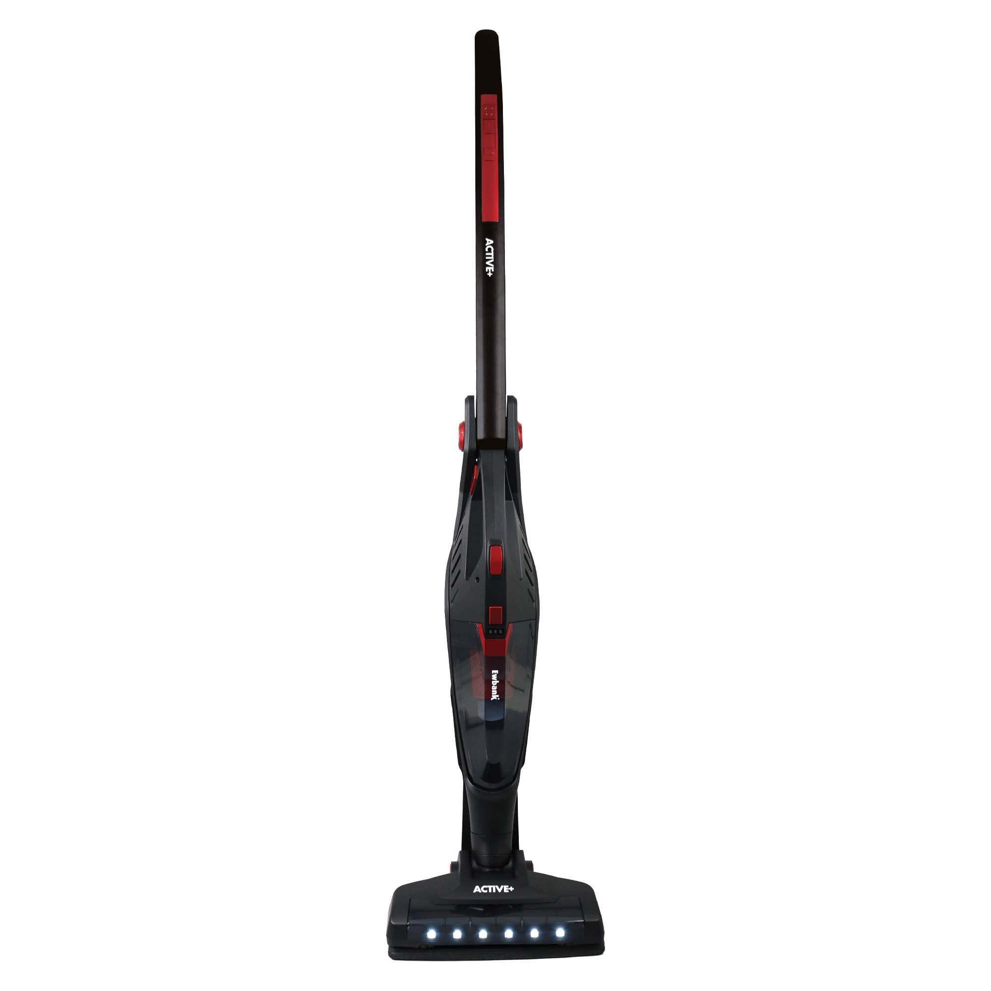 The Ewbank ACTIVE+ 2-in-1 Cordless Stick Vacuum Cleaner, in black and red, stands upright on a white background with LED lights on its cleaning head and a built-in HEPA filter.