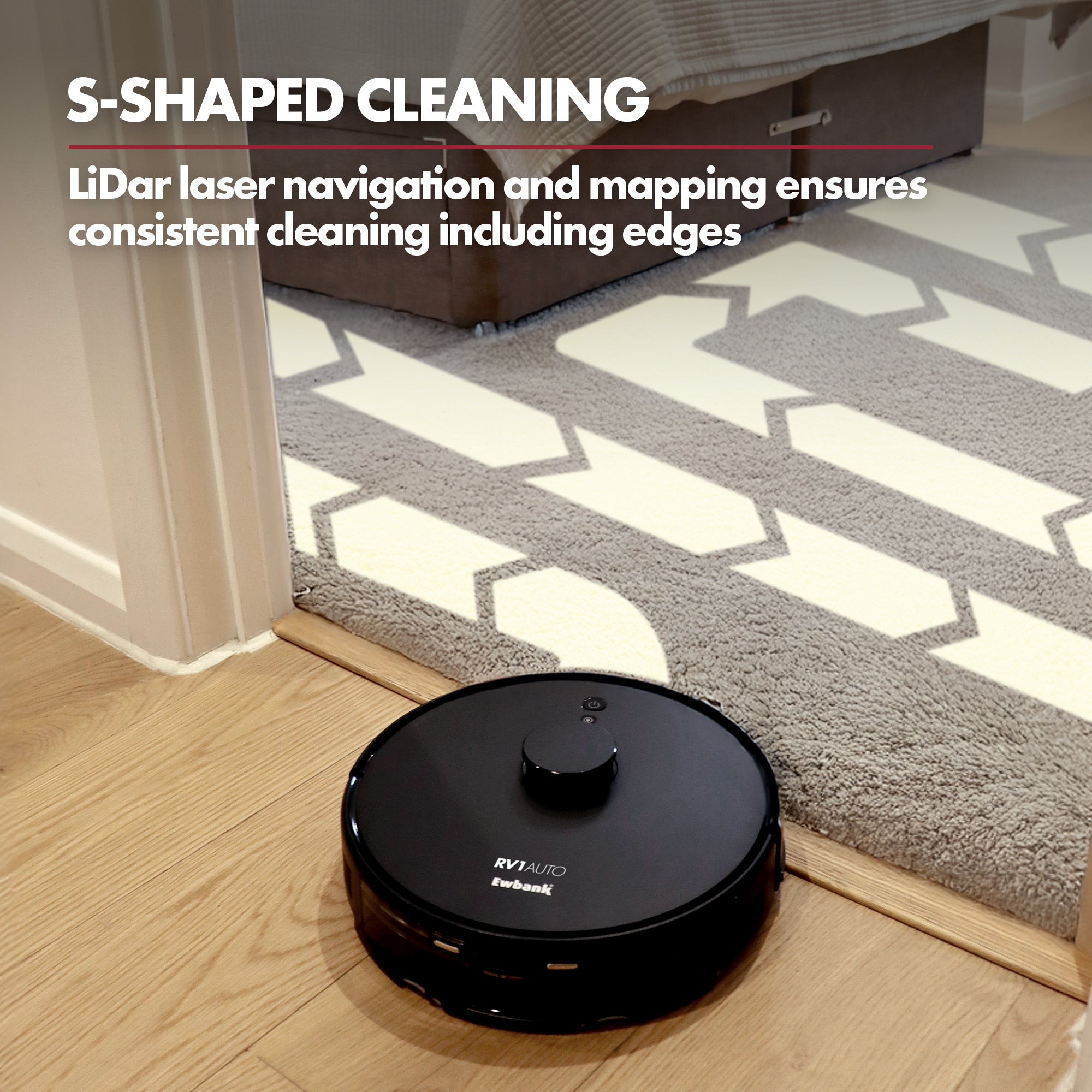 The Ewbank EWVC04604 RV1AUTO Robot Vacuum with Auto-Empty Station cleans carpets and wood floors in an S-shaped pattern with LiDAR navigation, ensuring thorough edge cleaning and full coverage via the Smart Life app integration.