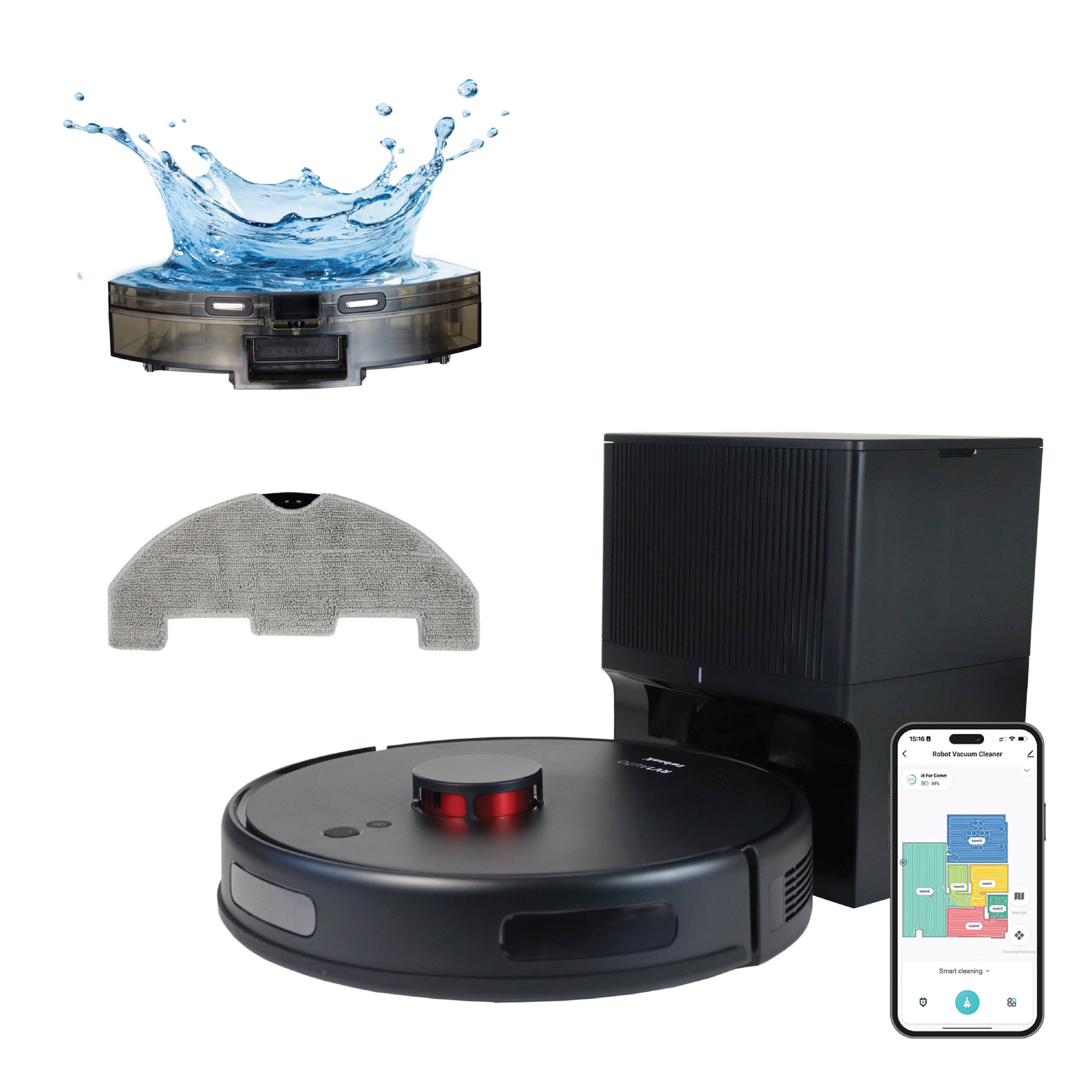 The Ewbank EWVC04604 RV1AUTO Robot Vacuum with Auto-Empty Station features a black design, mop attachment, water splash effect, and smart app displaying mapping with precise LiDAR navigation on a mapped floor plan.