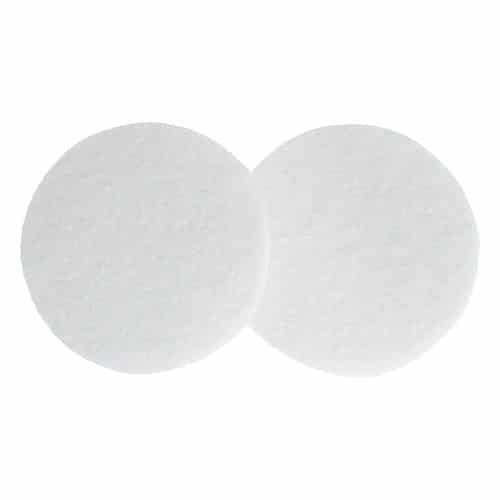 A Pair Of White Scouring Pads for FP90, round and overlapping, rest on a plain white background.