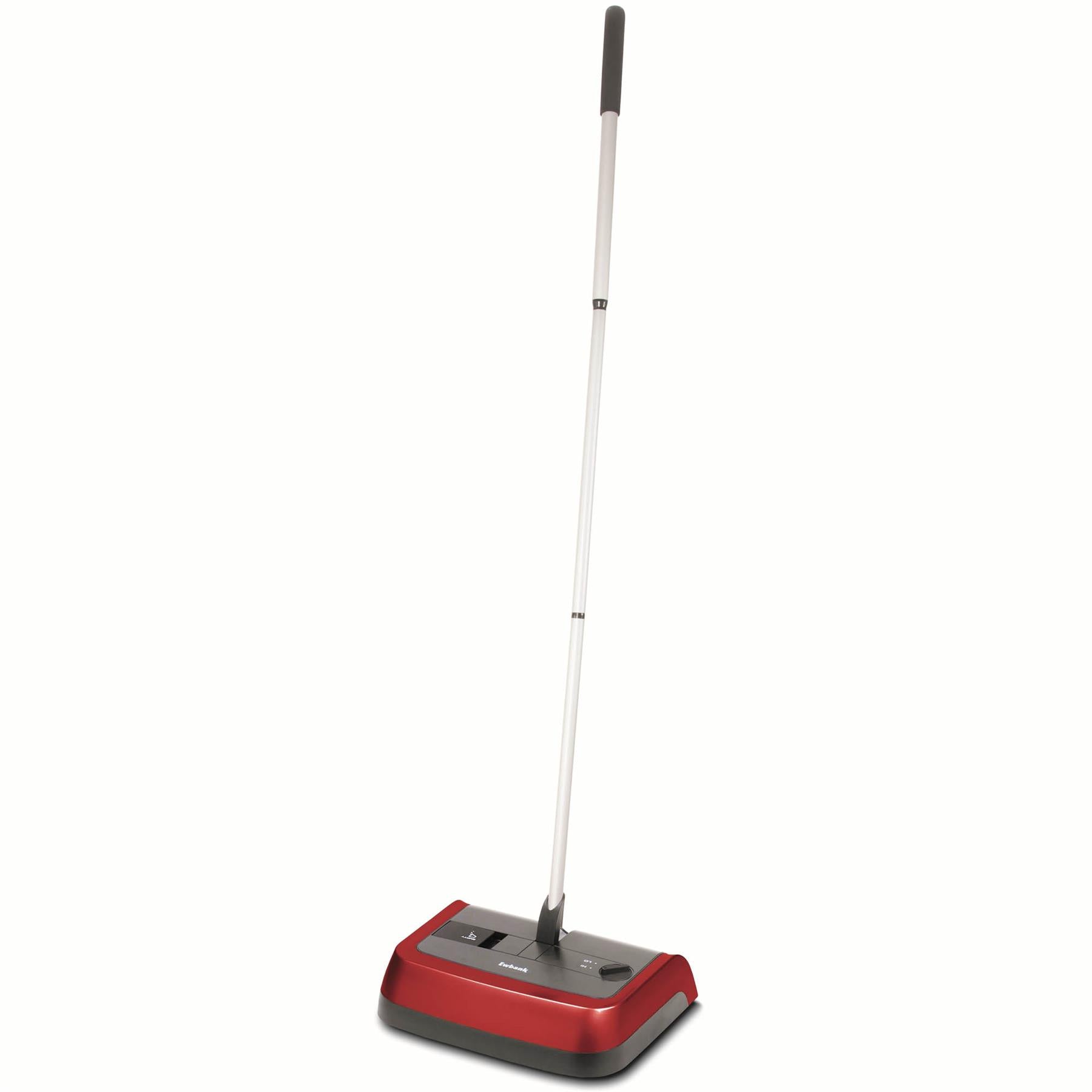 The Evo3 Manual Carpet Sweeper has a long silver handle and a red and black rectangular base, plus adjustable brush height for effective, hygienic carpet cleaning—no electricity required.