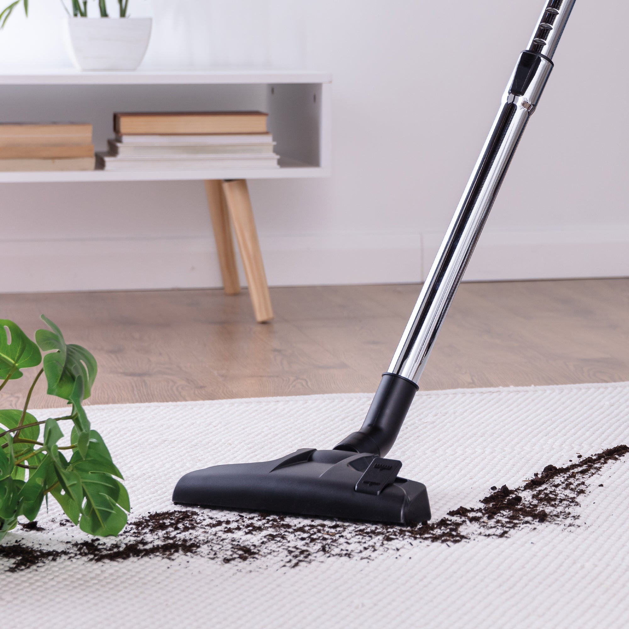 The Ewbank MOTIONLITE Bagless Cylinder Vacuum Cleaner is used to clean spilled soil from a white carpet in a modern living room, with a plant and bookshelf in the background.